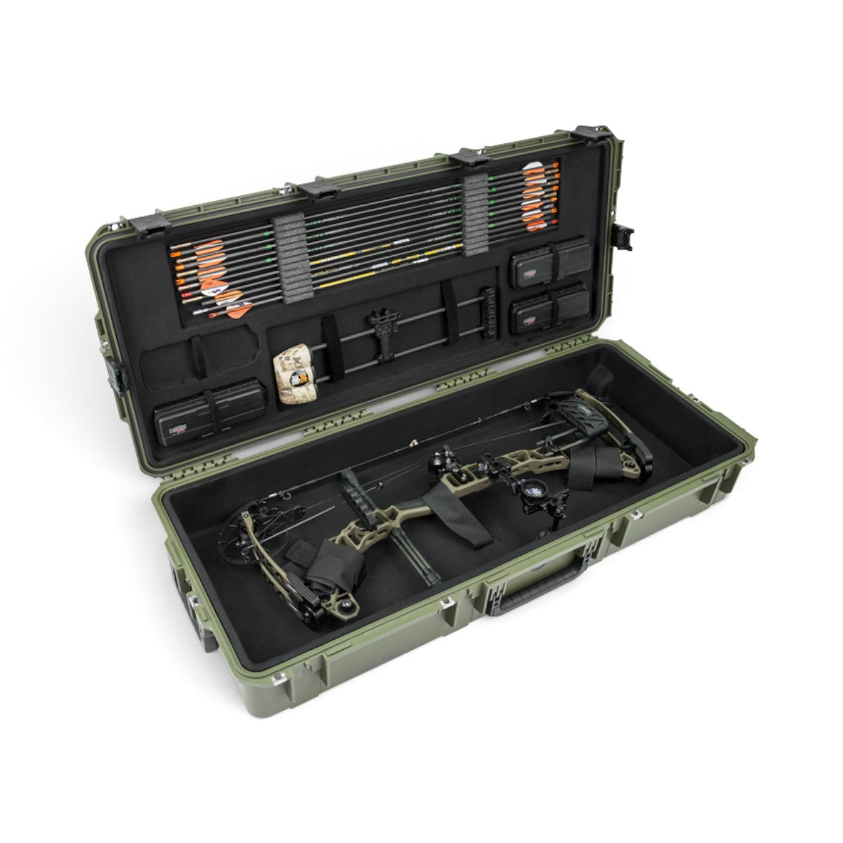 SKB Cases iSeries REV2 olive green waterproof bow case with plush interior, arrows, and compound bow storage.