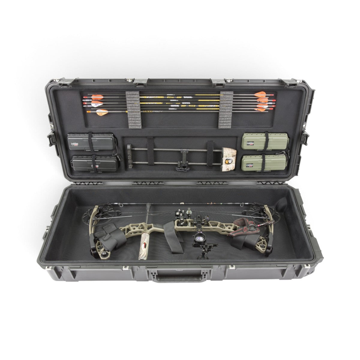 SKB Cases iSeries REV2 plush-lined waterproof bow case containing a compound bow, arrows, and accessory storage boxes.
