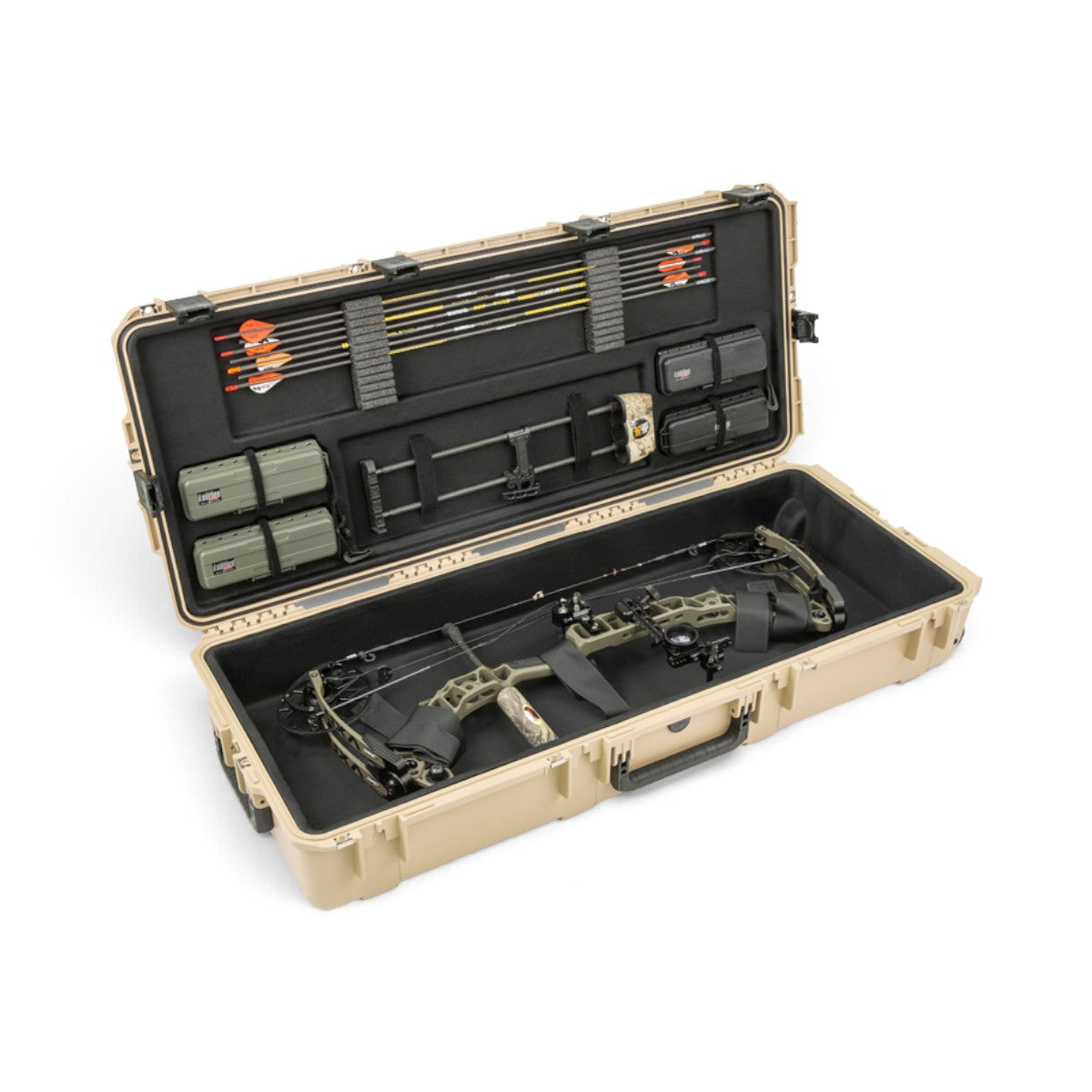 SKB Cases iSeries REV2 tan waterproof bow case with plush interior, holding a compound bow and archery accessories.