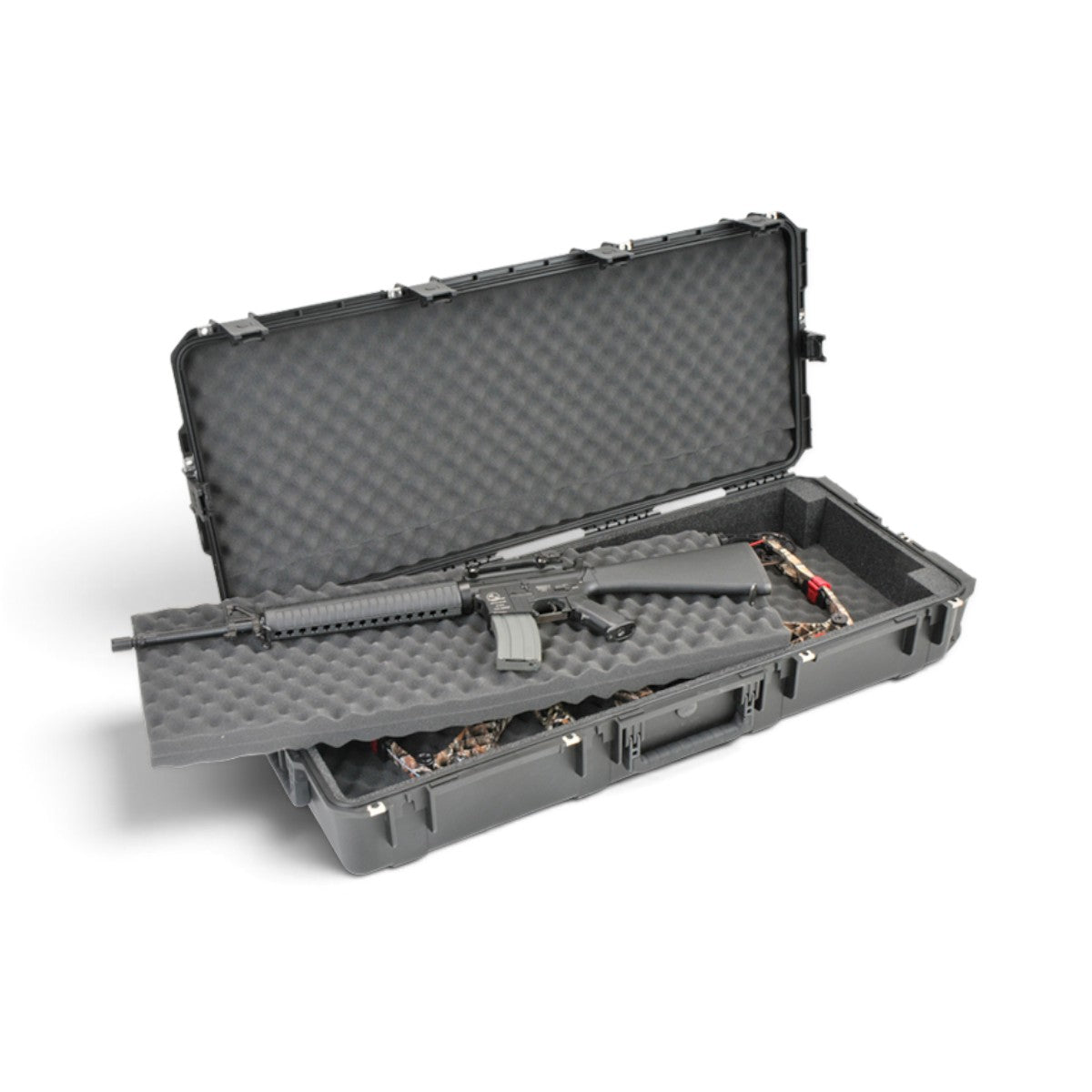 SKB Cases iSeries 4217-7 waterproof rifle and bow case in black with interior foam padding and a rifle inside.