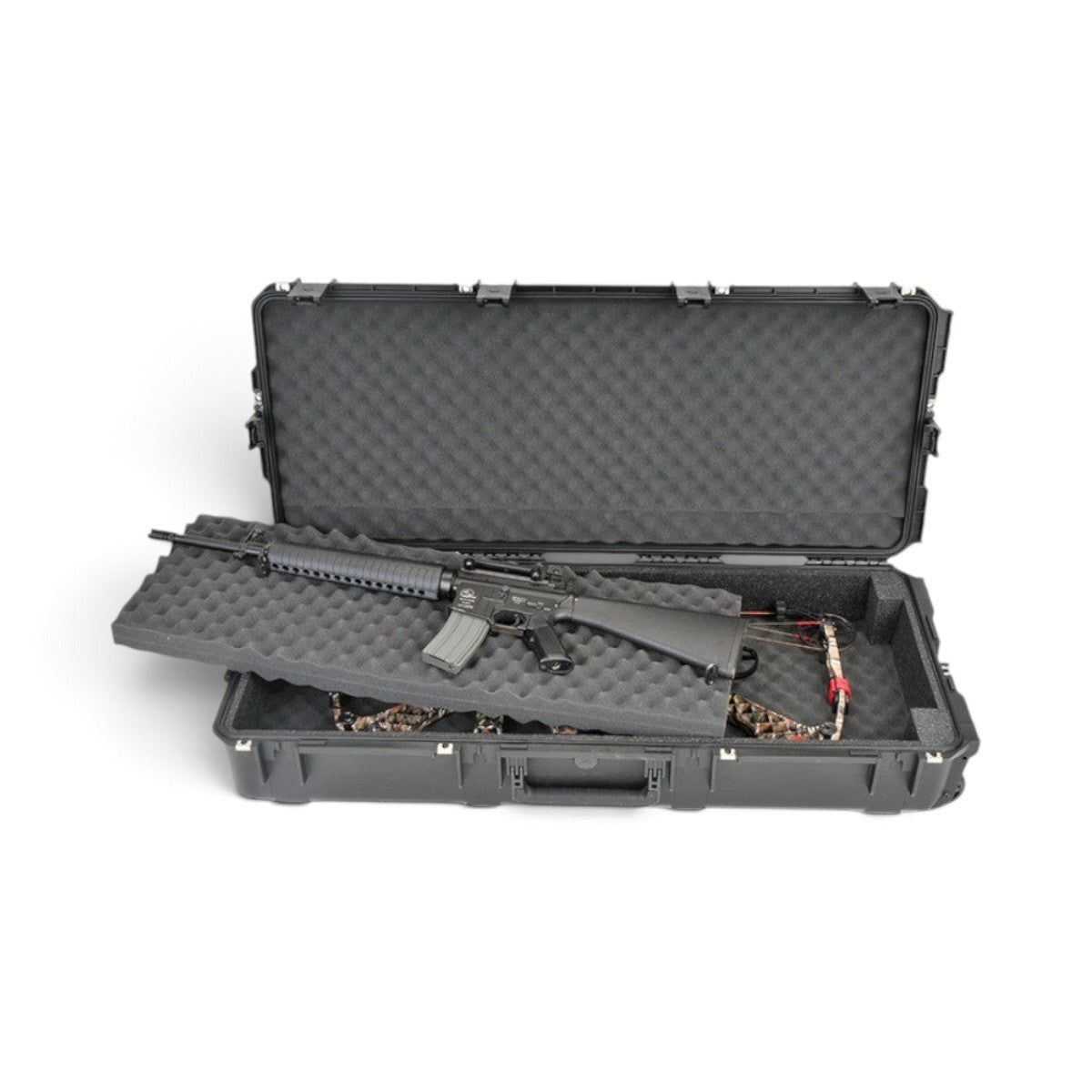 SKB Cases iSeries 4217-7 waterproof hard case with rifle and bow stored in dual-level protective foam interior.