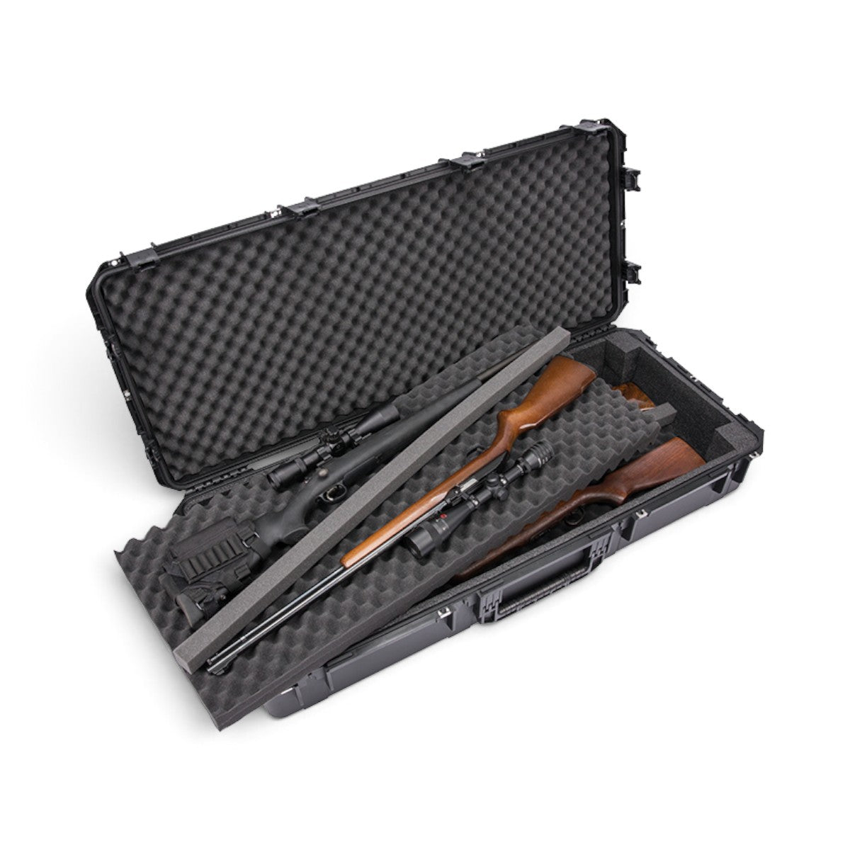 SKB Cases iSeries 4719-8 double bow and rifle case with foam interior holding two rifles in a waterproof hard shell