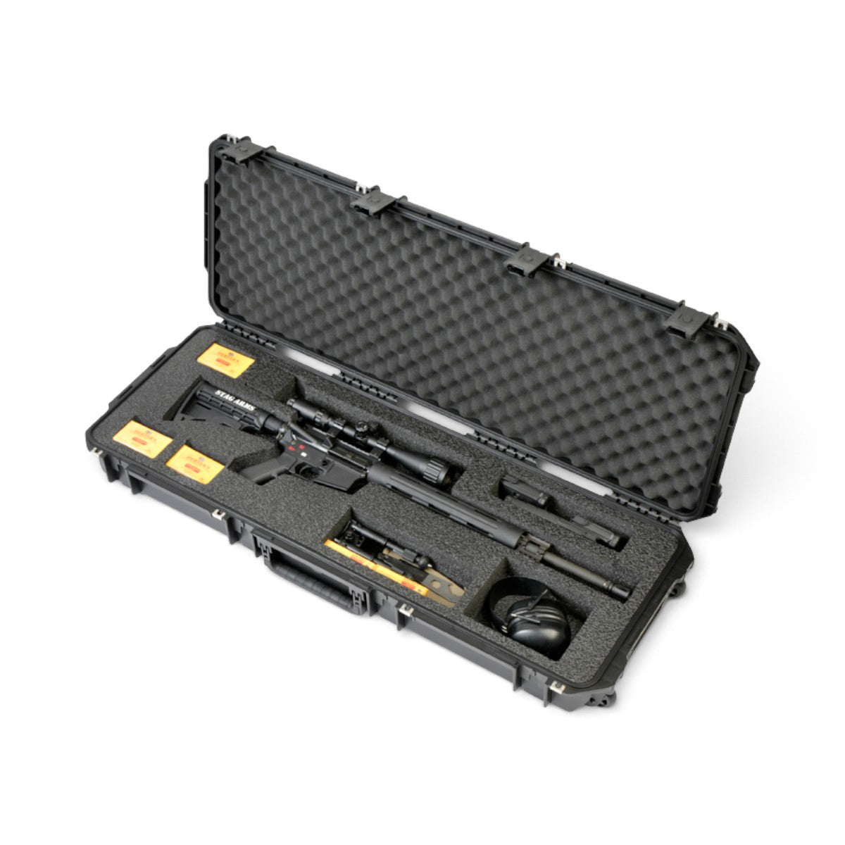 SKB Cases iSeries 4214-5 black waterproof hard rifle case with custom foam interior holding an AR rifle and gear