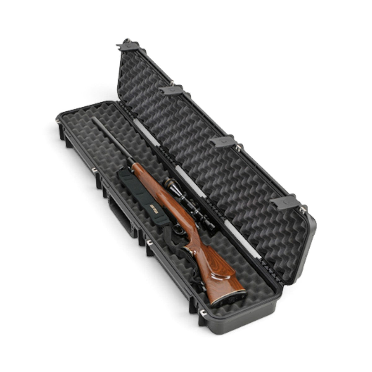 SKB Cases iSeries 4909-5 black waterproof rifle case with convoluted foam interior holding a scoped wooden rifle.