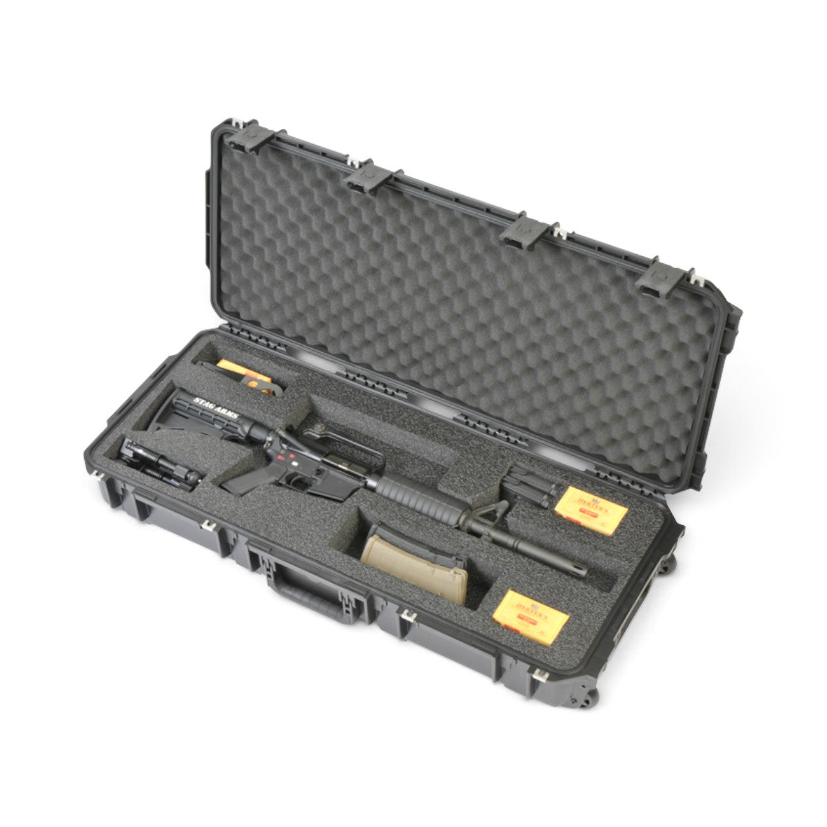 SKB Cases iSeries 3614-6 waterproof rifle case with custom foam interior holding an AR rifle and accessories.