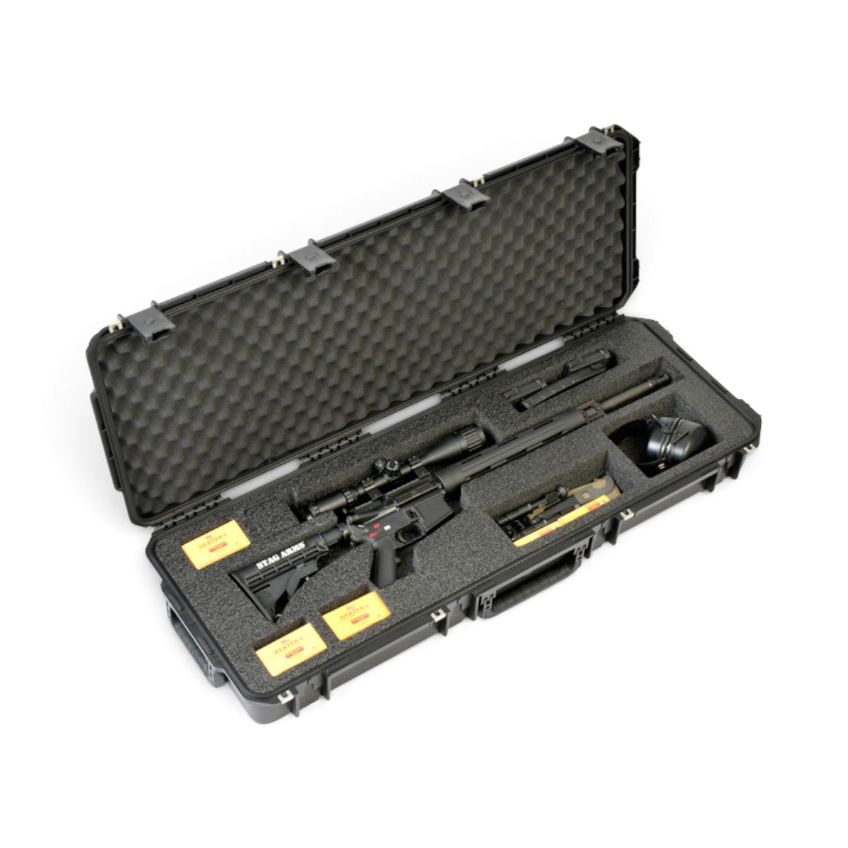 SKB Cases iSeries 4214-5 waterproof rifle case with custom foam interior holding an AR rifle and accessories