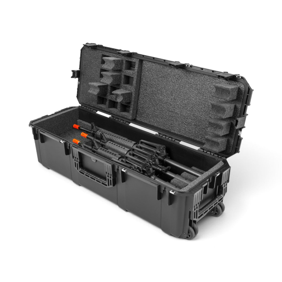 SKB Cases iSeries 4 rifle locker with pre-cut foam interior holding M4 rifles in a durable black watertight case.