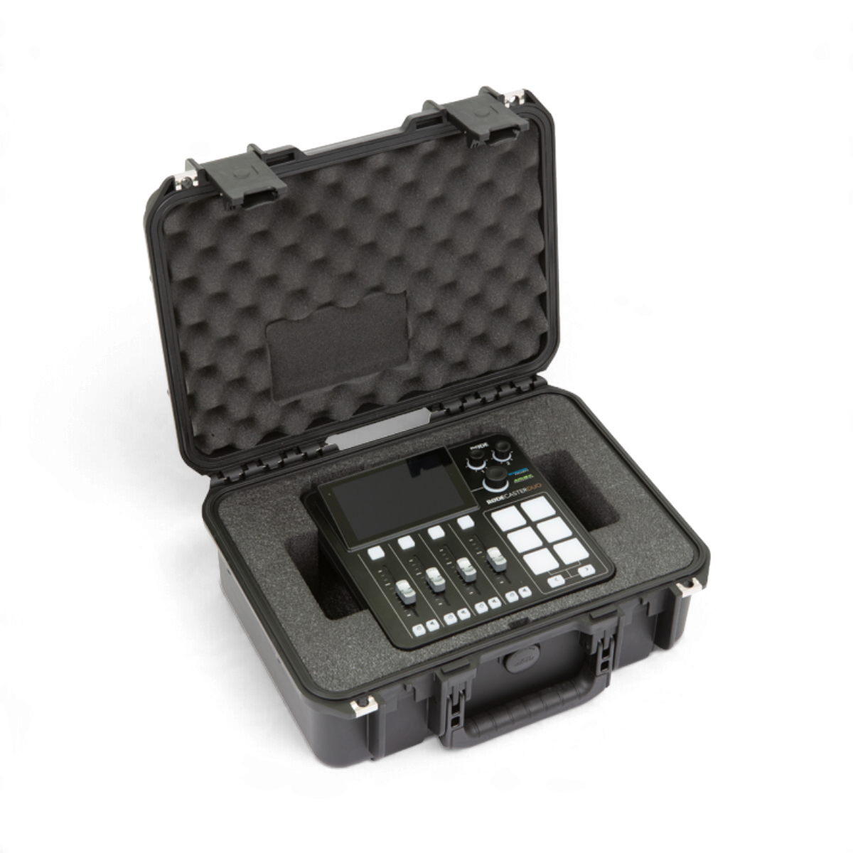 SKB Cases iSeries 1510-6 waterproof hard case with custom foam interior holding a black RODECaster Duo audio mixer.