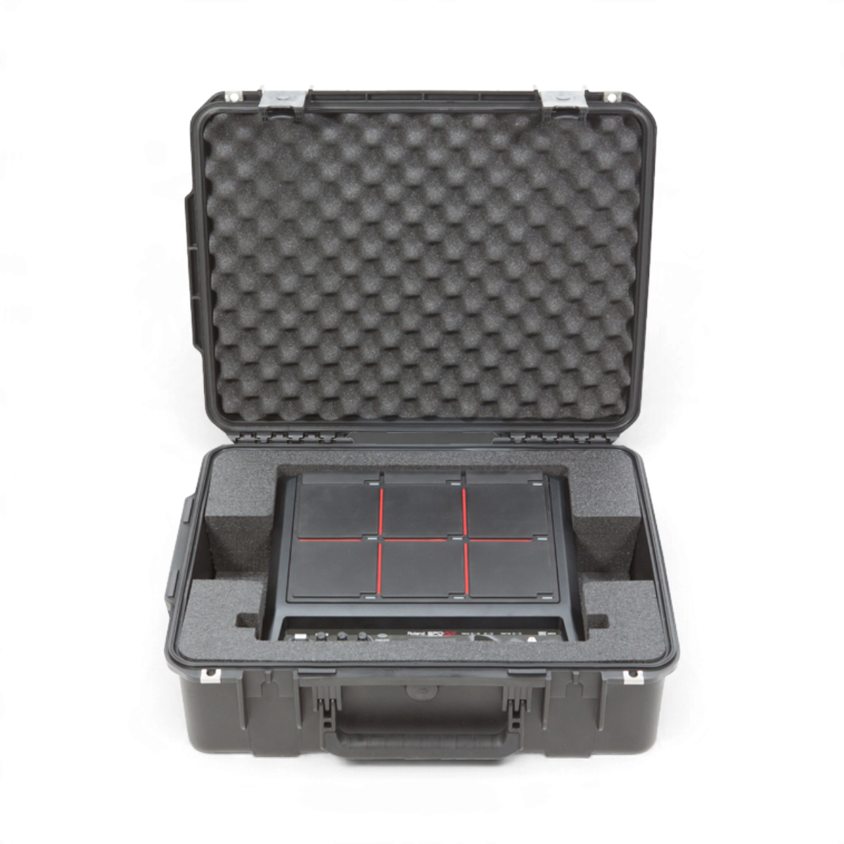 SKB Cases iSeries waterproof hard case with custom foam interior holding a Roland SPD-SX drum multi pad