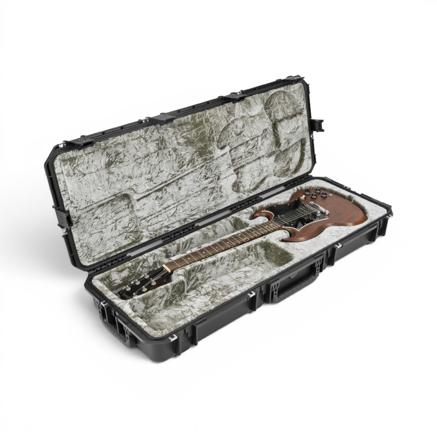 SKB Cases iSeries waterproof guitar flight case with a brown SG style guitar inside on a platinum plush interior.