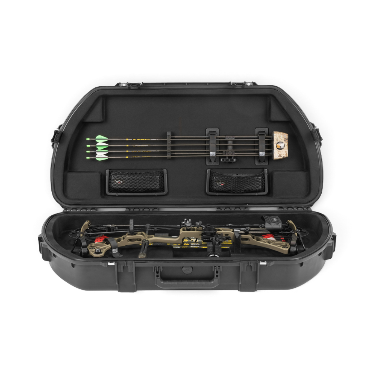 SKB Cases iSeries waterproof bow case with compound bow, arrow storage, and mesh accessory pockets inside