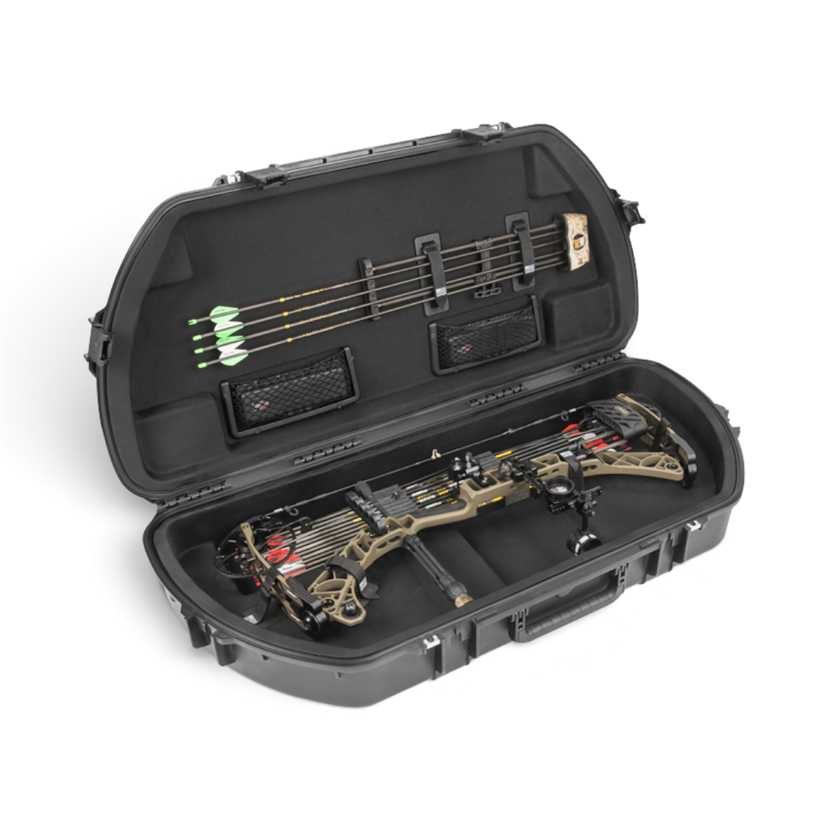 SKB Cases iSeries waterproof bow case with compound bow, arrow storage, and mesh accessory pockets inside