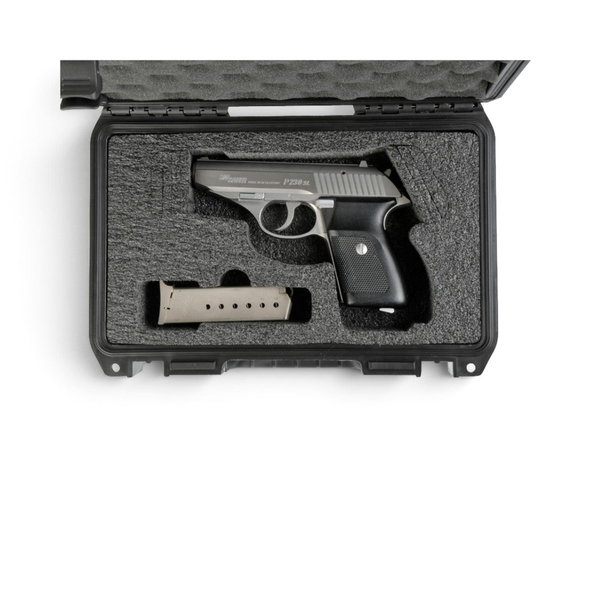 SKB Cases iSeries 1006-3 waterproof pistol case with custom foam interior holding a handgun and magazine
