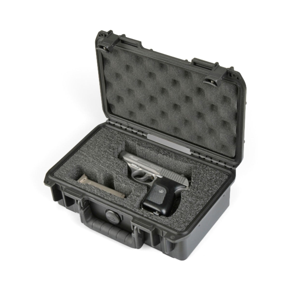 SKB Cases iSeries 1006-3 waterproof black pistol case with custom foam interior holding a single handgun and magazine