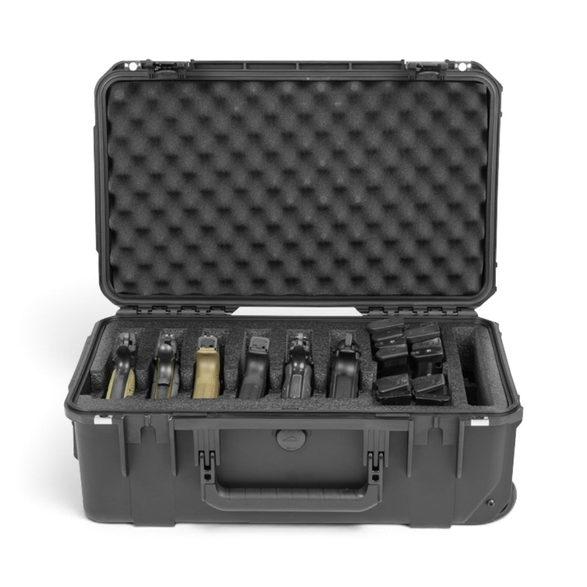 SKB Cases iSeries 2011-7 black waterproof hard case with foam interior holding six handguns and multiple magazines.