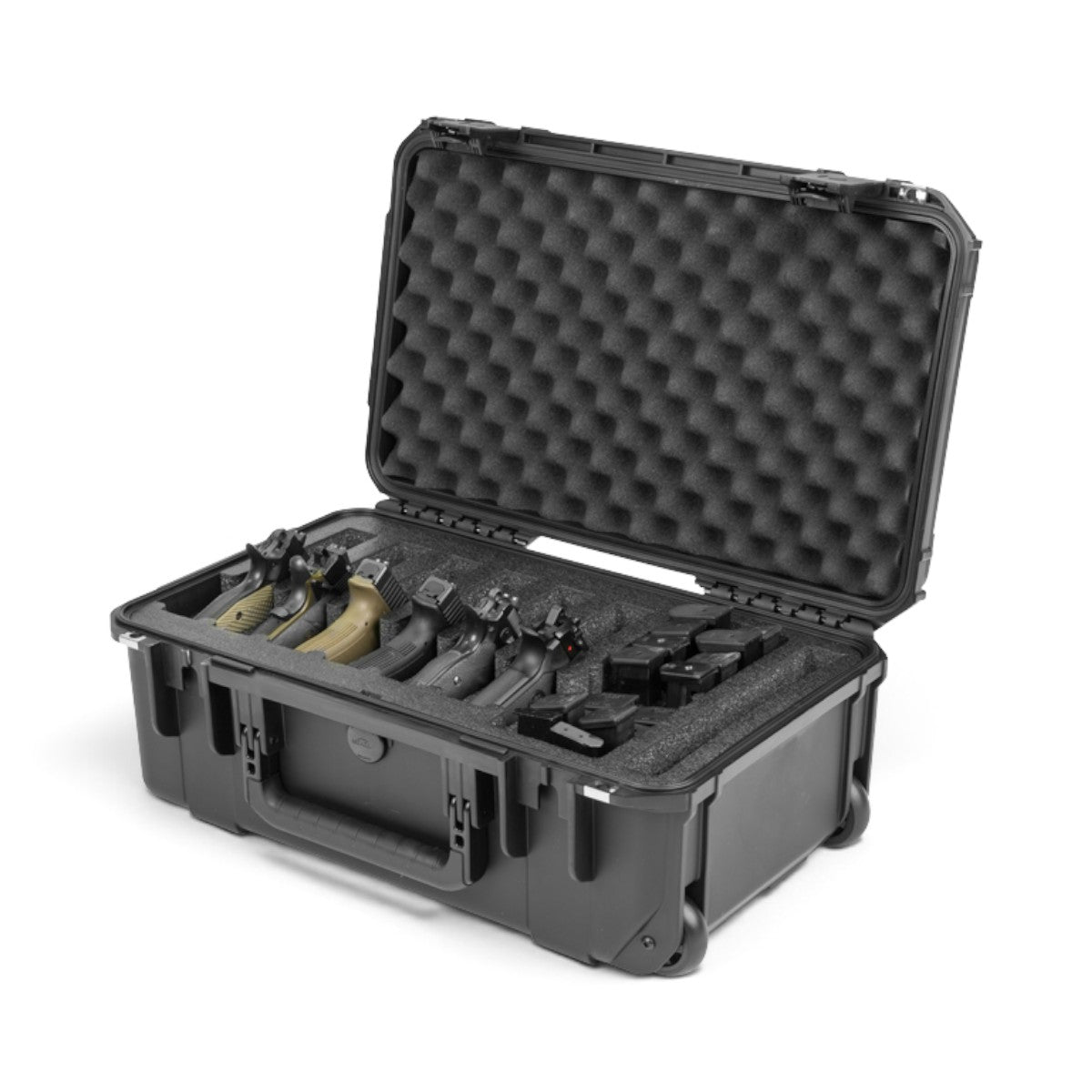 SKB Cases iSeries 2011-7 black waterproof hard case with foam interior holding six handguns and magazines