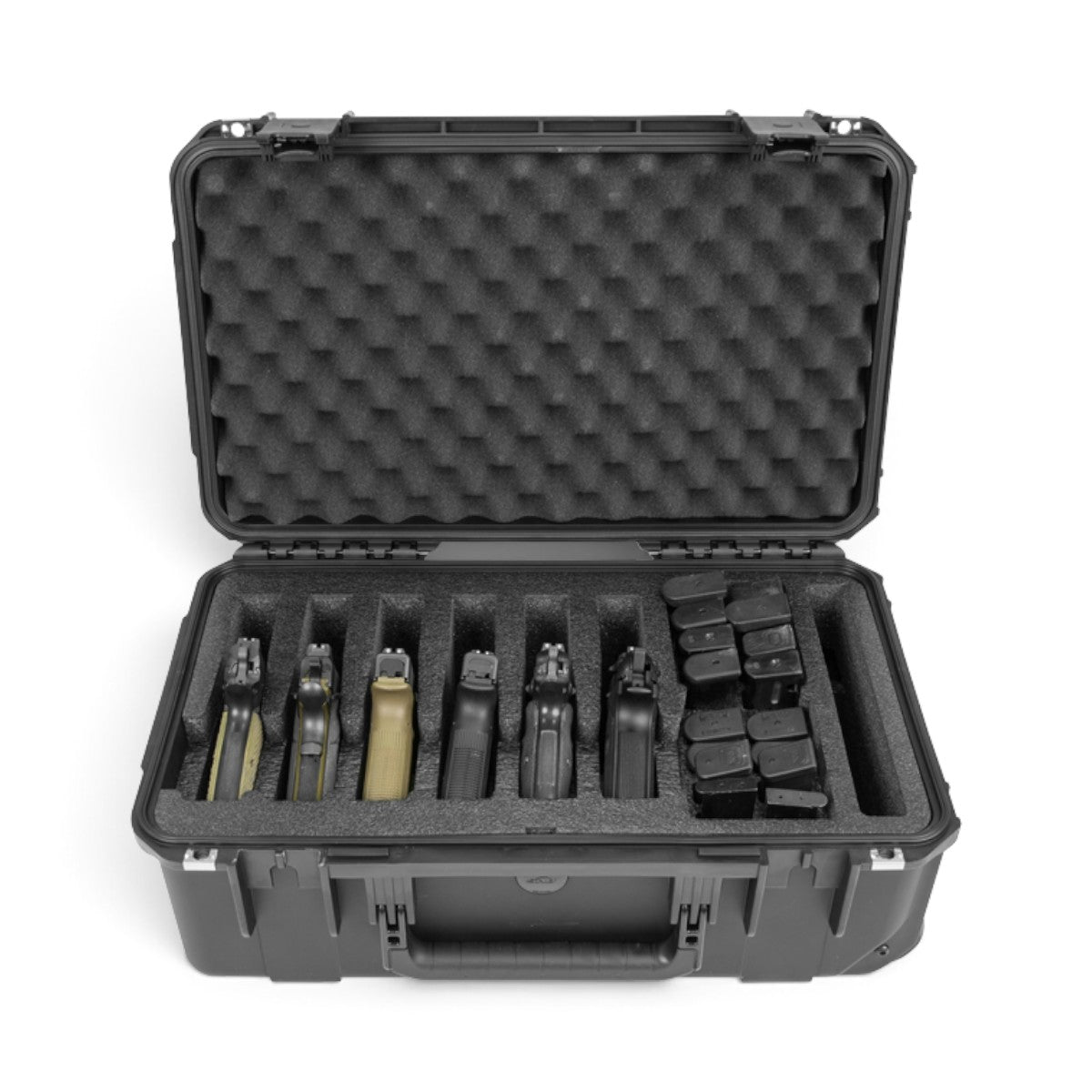 SKB Cases iSeries 2011-7 waterproof black hard case with foam interior holding six handguns and multiple magazines.