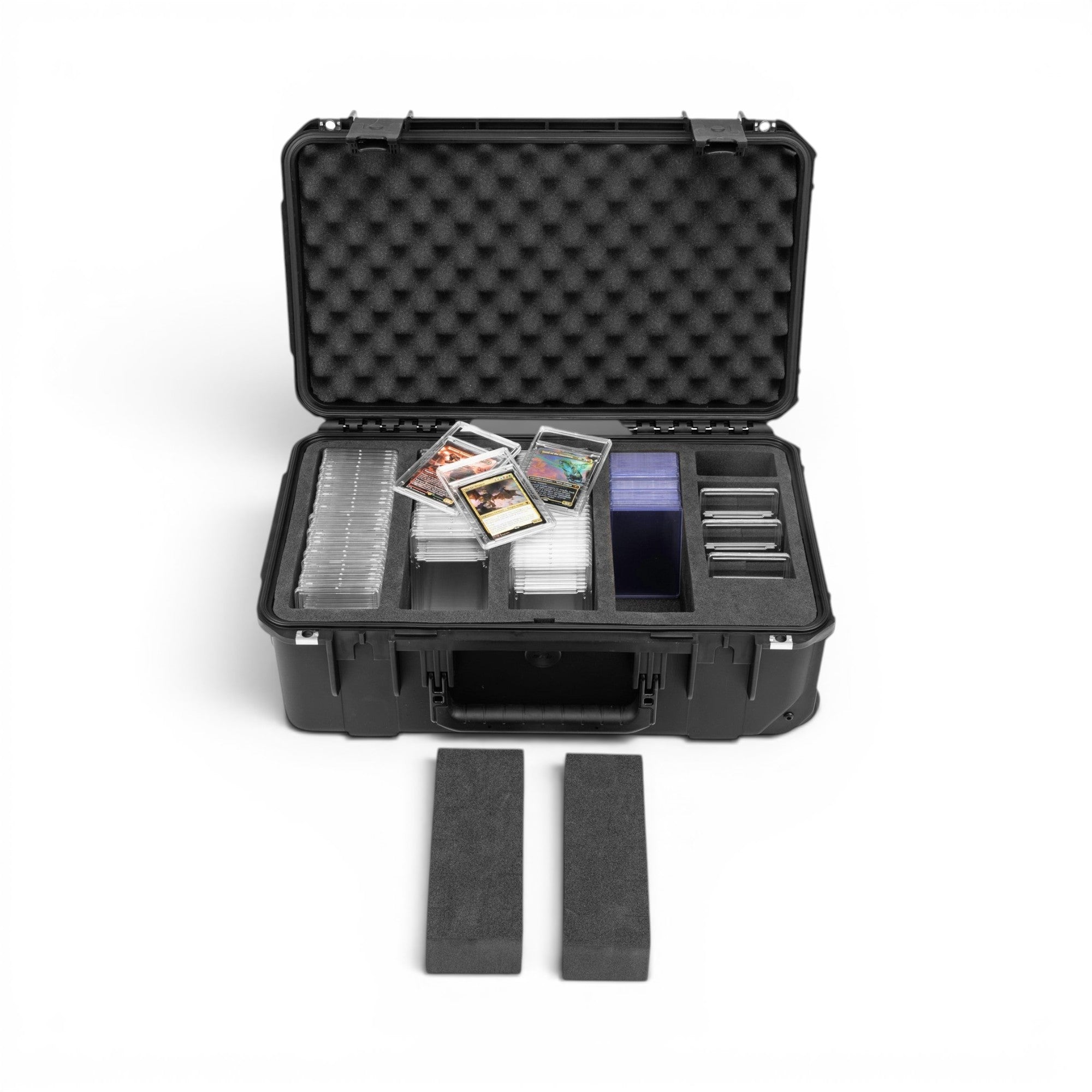 SKB Cases iSeries Slab 133 waterproof collector case with foam inserts holding graded trading card slabs and top-loaders.