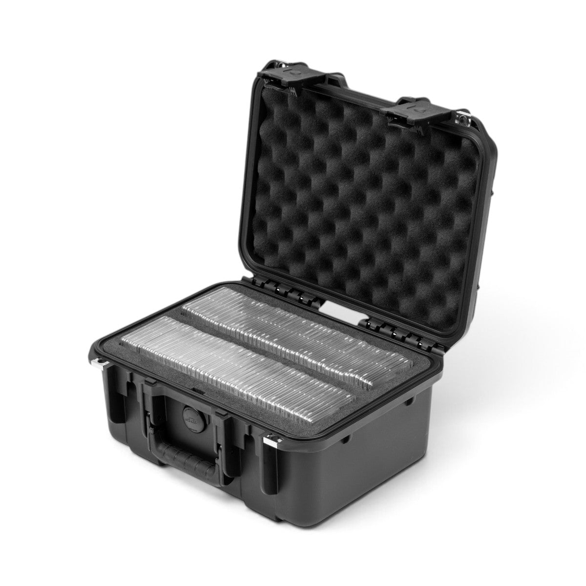 SKB Cases iSeries Slab 90 waterproof black hard case with foam interior holding two columns of trading card slabs.