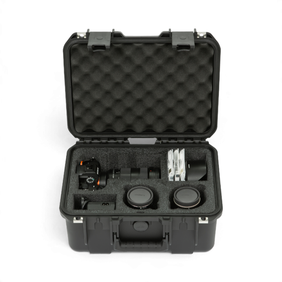 SKB Cases iSeries waterproof hard case with custom foam interior holding a Sony camera and multiple lenses