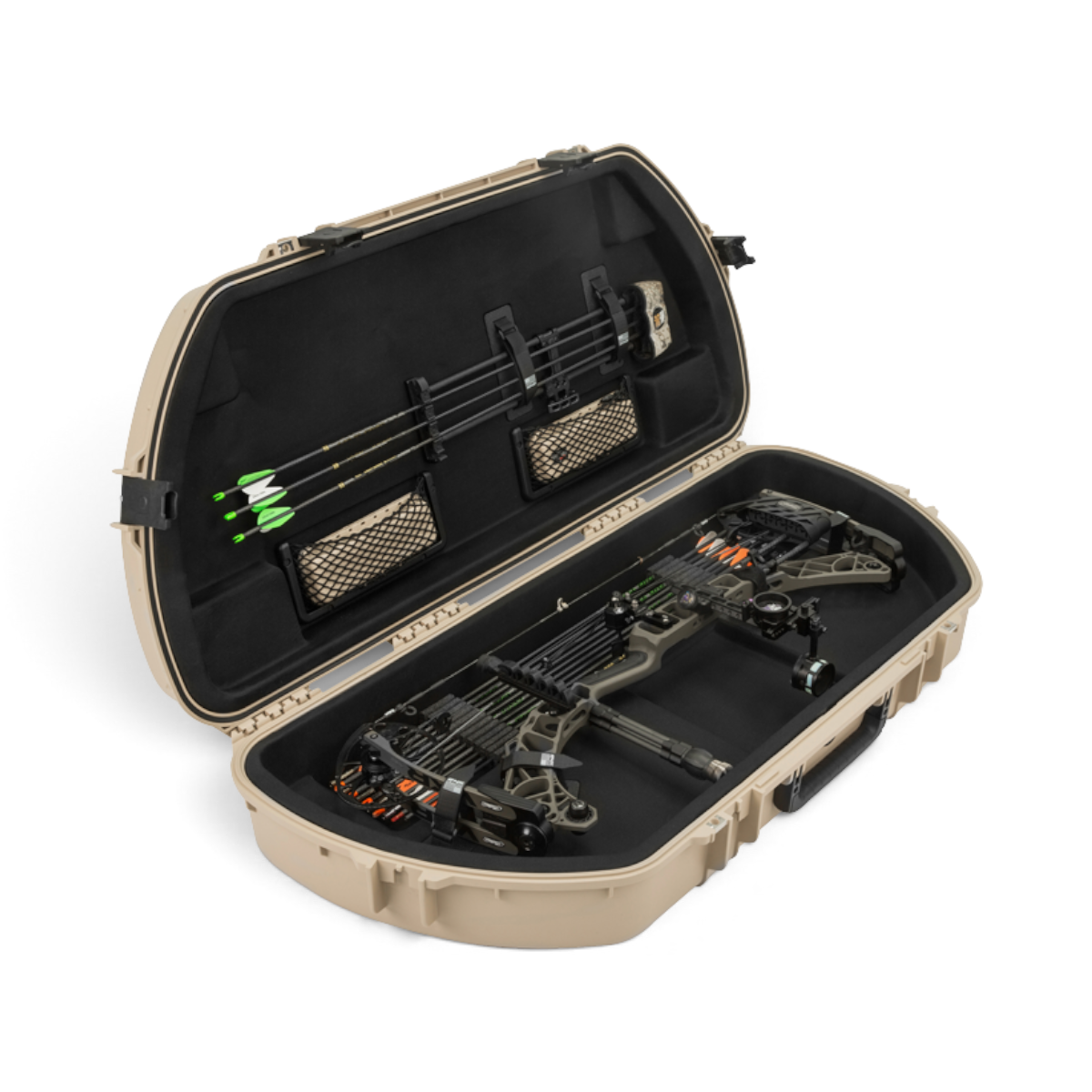 SKB Cases iSeries tan waterproof bow case open with compound bow, arrows, and interior storage compartments