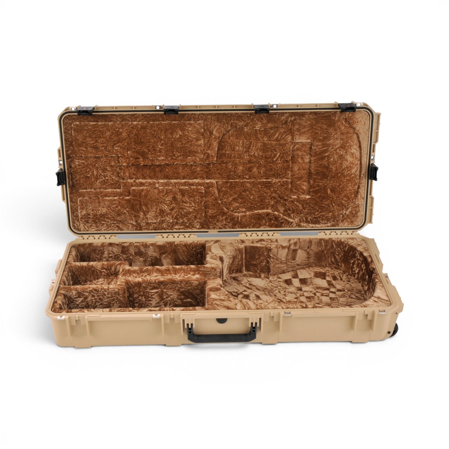 SKB Cases iSeries waterproof tan acoustic guitar case with plush brown interior and secure trigger latch system.
