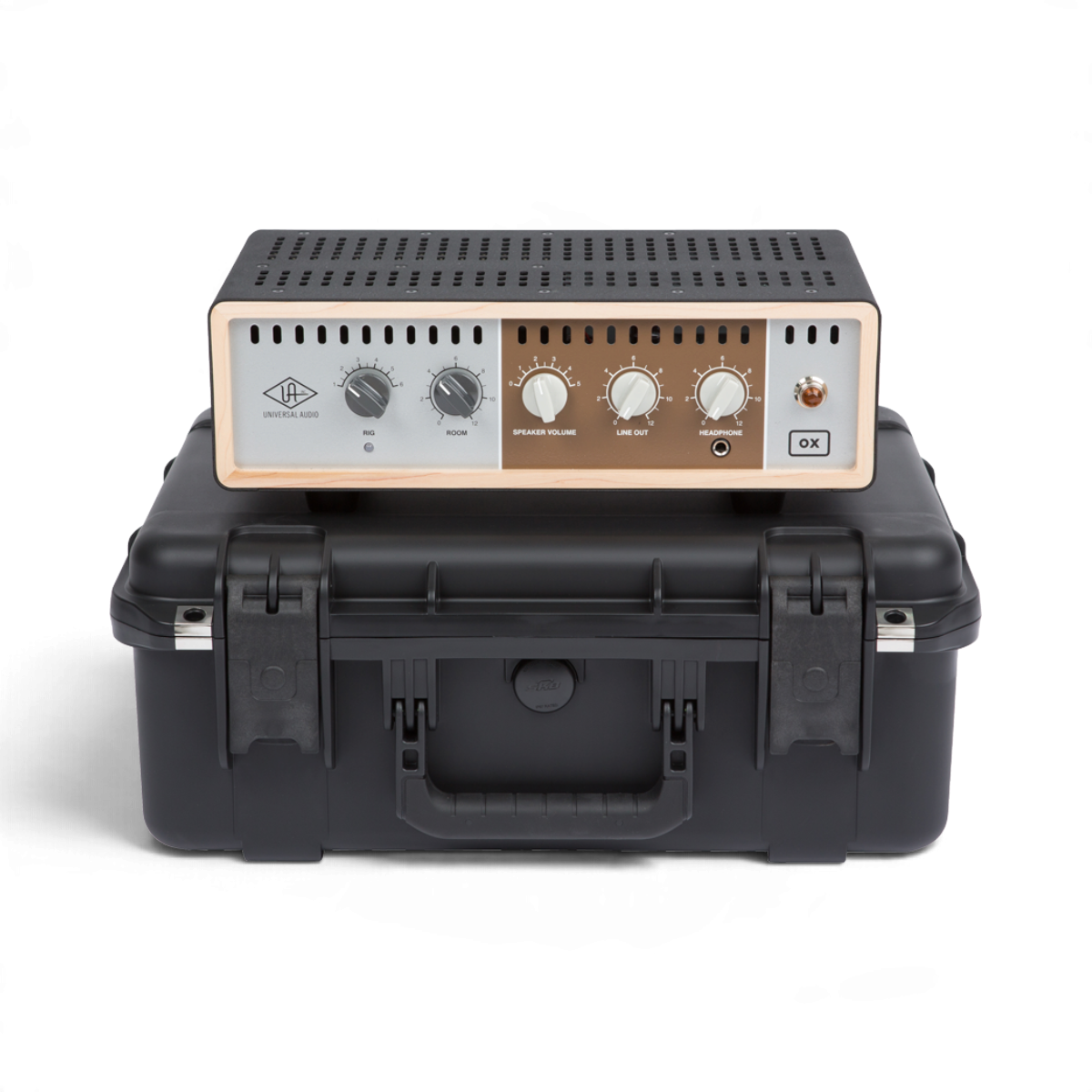 SKB Cases iSeries waterproof hard case with a Universal Audio OX Amp Top Box resting on top against a white background