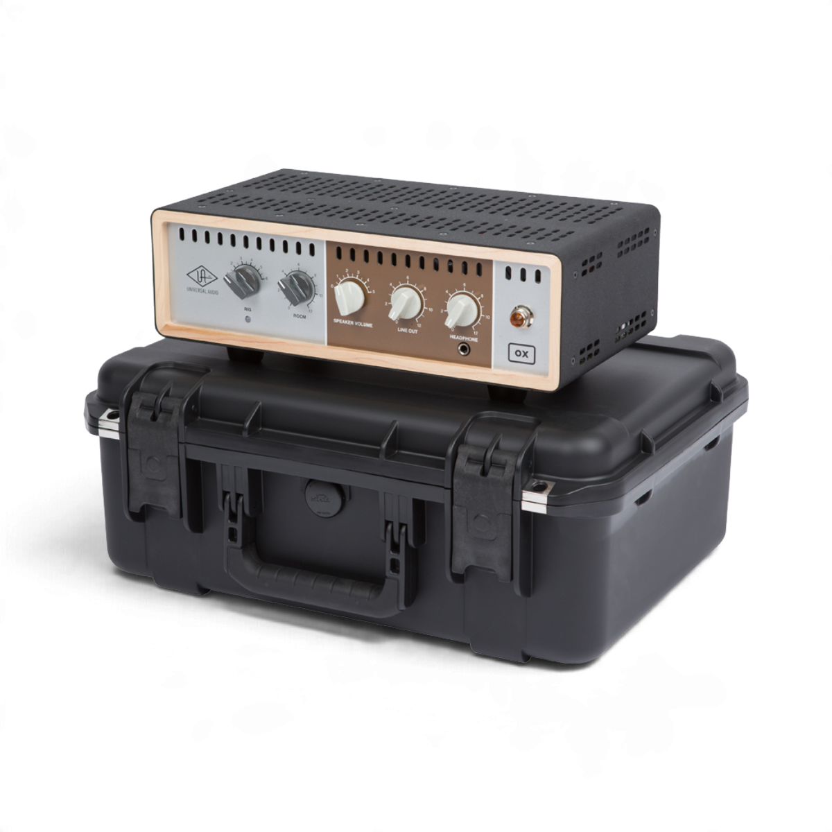 SKB Cases iSeries waterproof hard case with a Universal Audio OX Amp Top Box resting on top against a white background