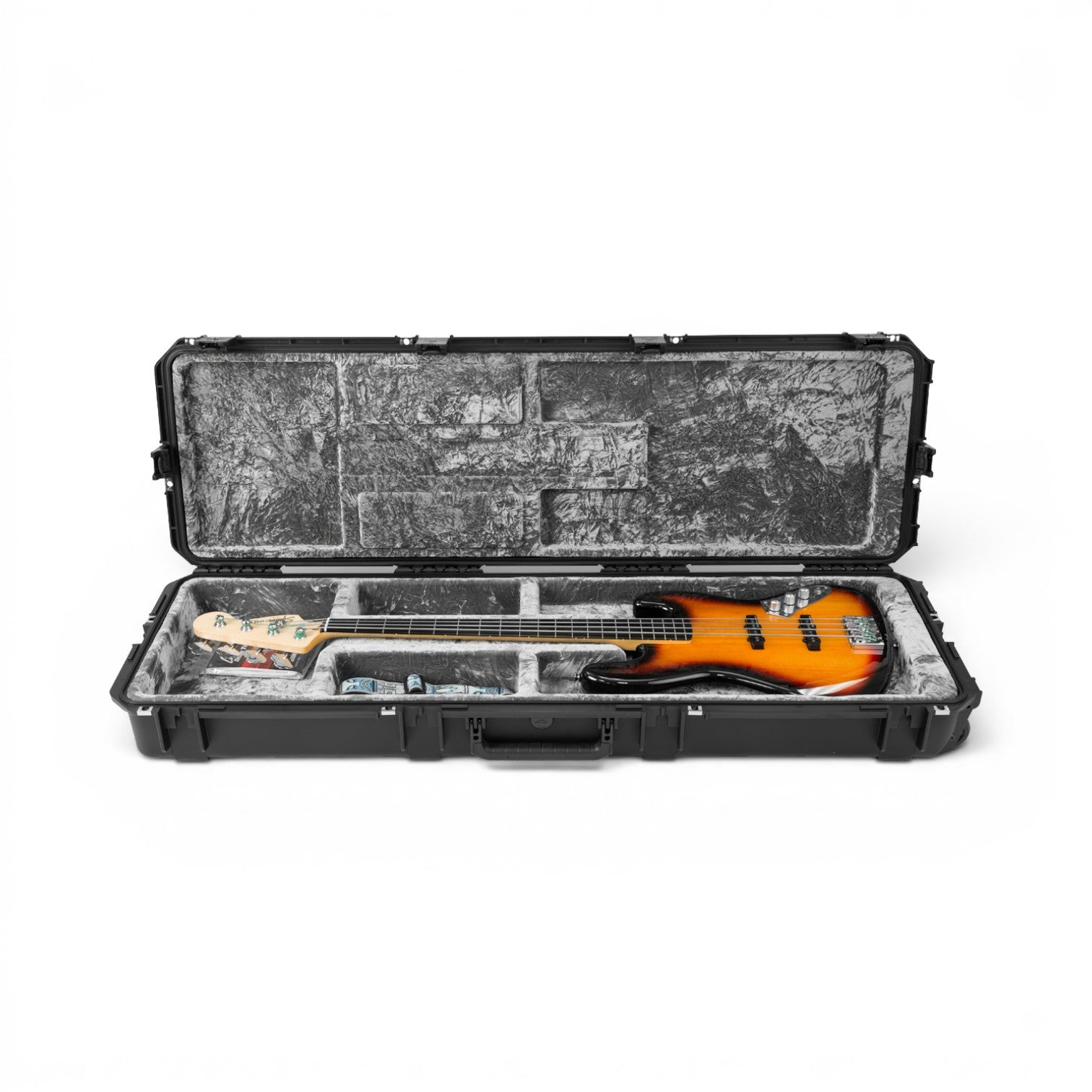 SKB Cases iSeries waterproof bass guitar case with open cavity design and plush platinum interior holding a bass guitar.