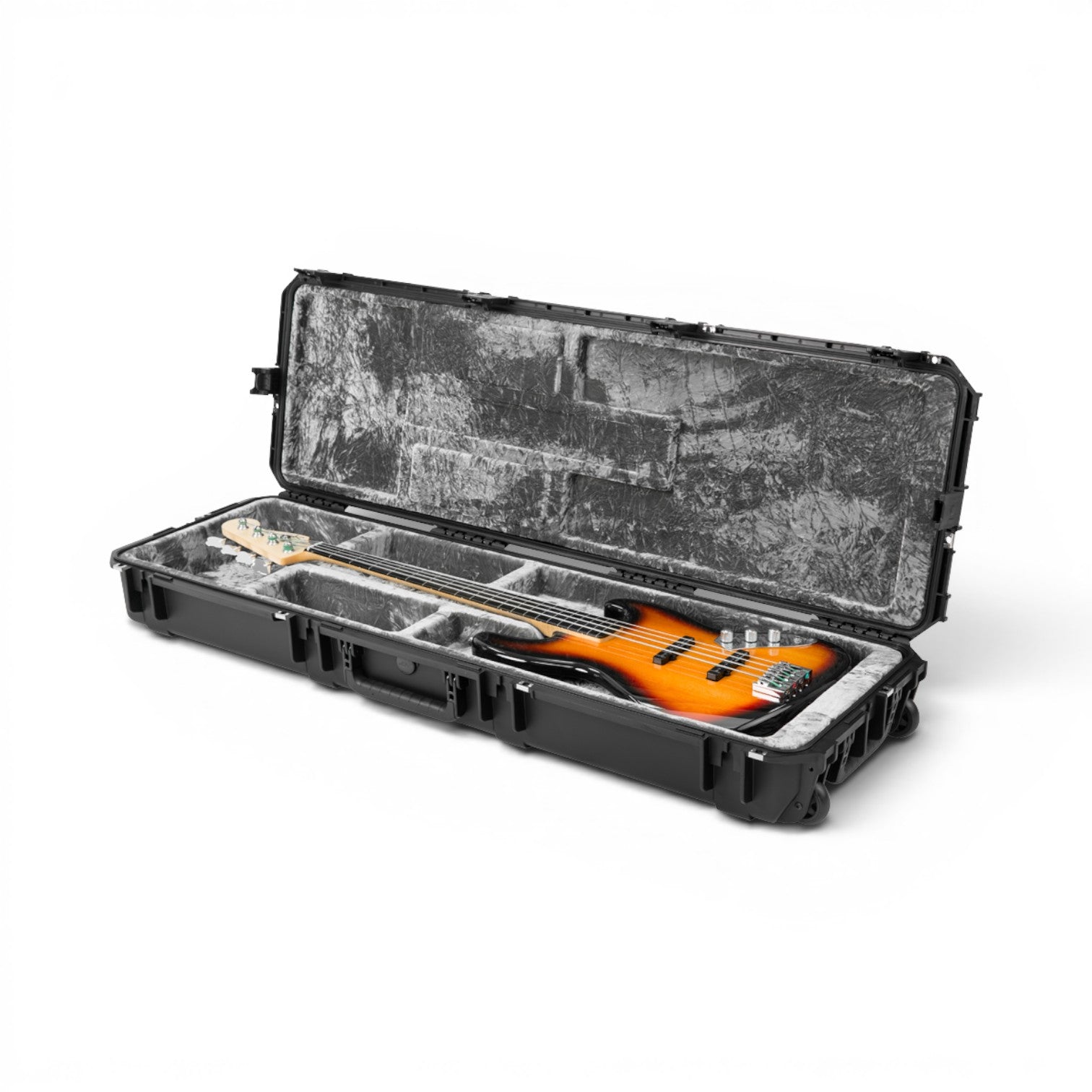 SKB Cases iSeries waterproof electric bass case with open cavity design and plush platinum interior holding a bass.