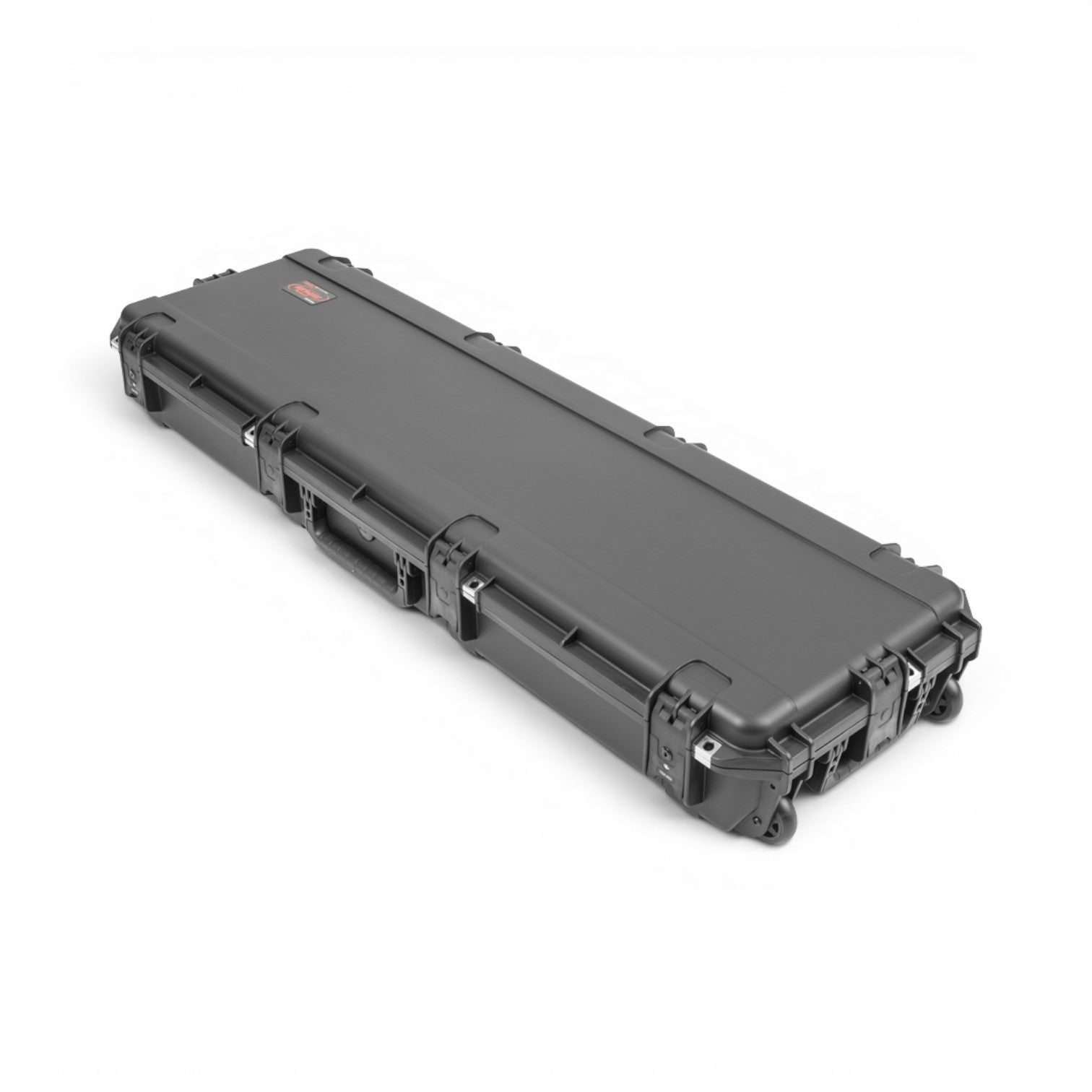 SKB Cases iSeries waterproof ATA hard shell bass guitar case in black with trigger latches and wheels.