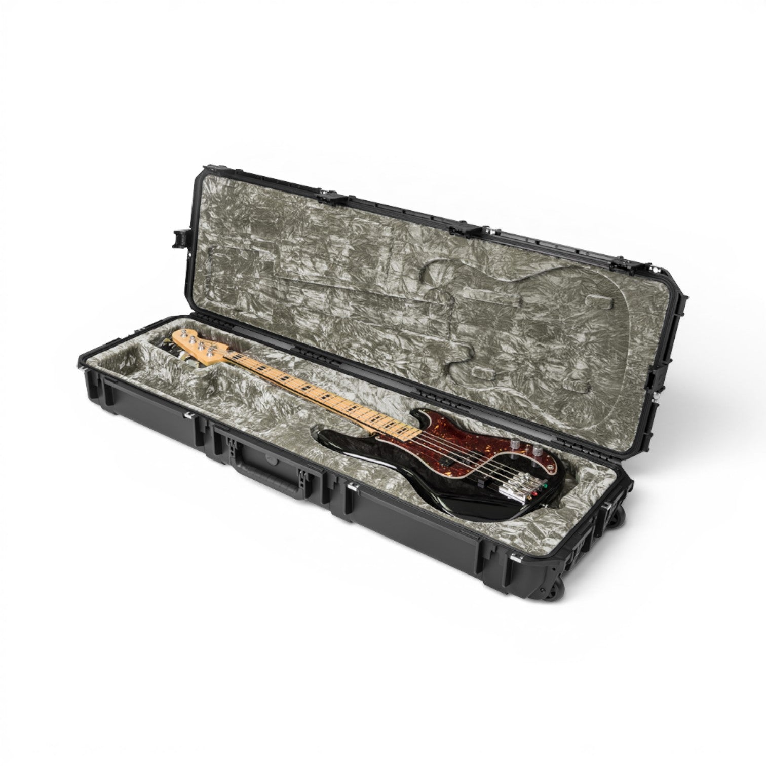 SKB Cases iSeries waterproof bass guitar case with black exterior and platinum plush interior holding a bass guitar.