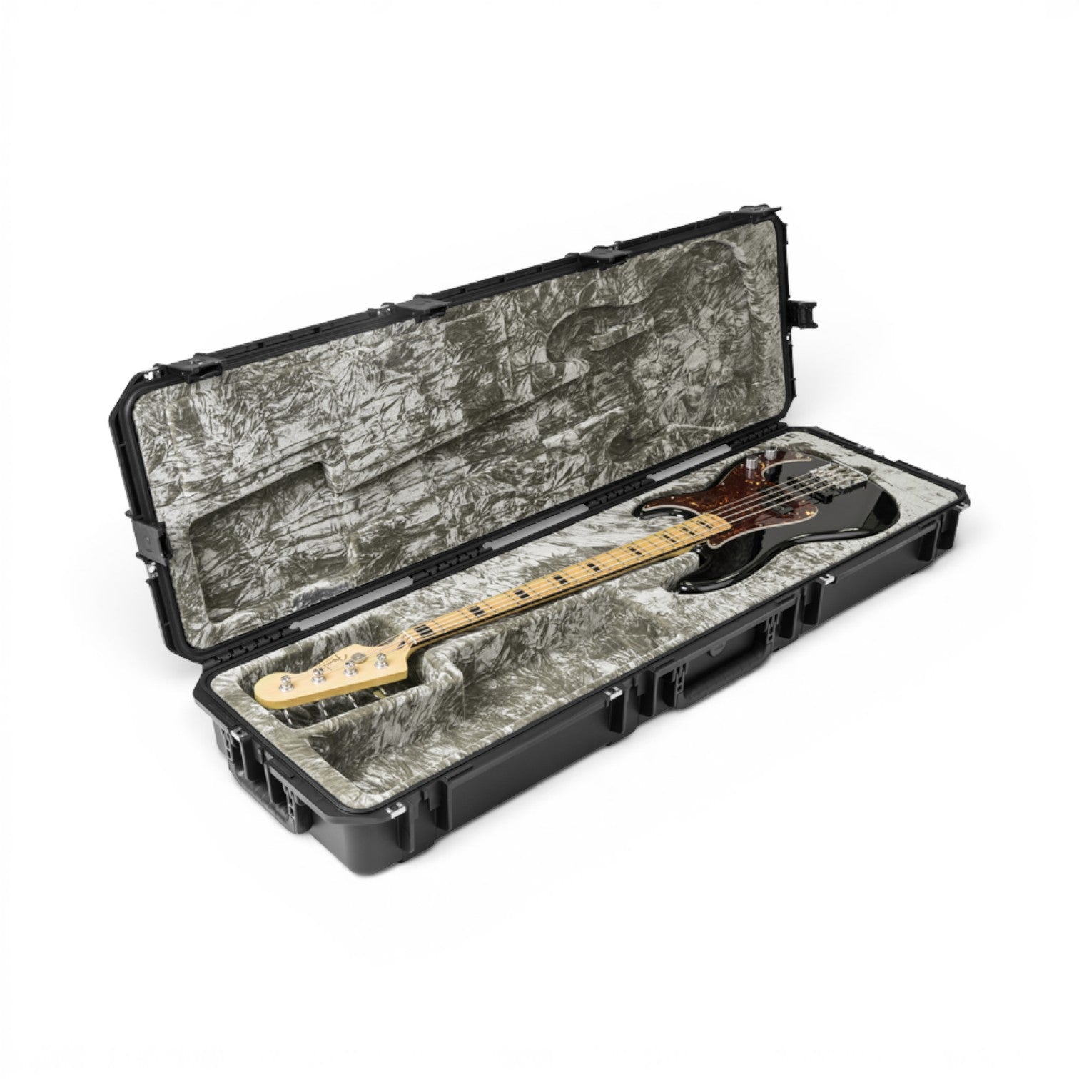 SKB Cases iSeries waterproof bass guitar case with platinum plush interior holding a black electric bass guitar.