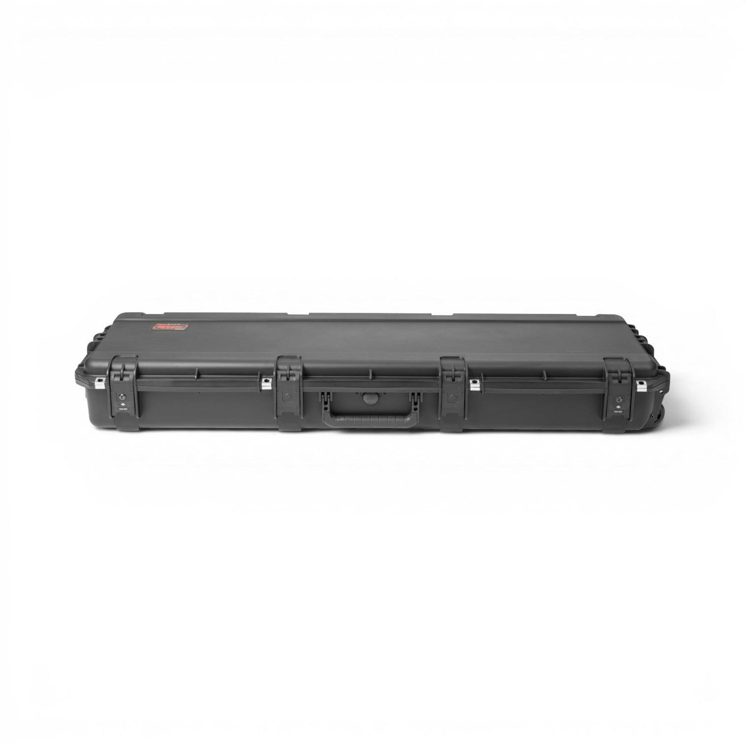 SKB Cases iSeries waterproof black injection molded bass guitar case with TSA latches and rubber grip handle.