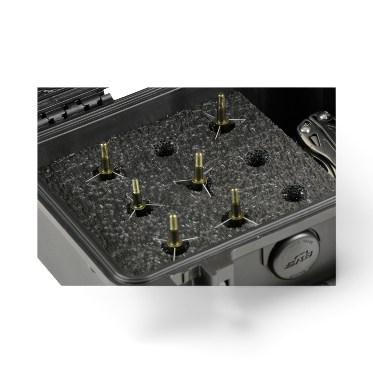 SKB Cases iSeries waterproof broadhead case with foam insert holding six metal broadheads and accessory compartment