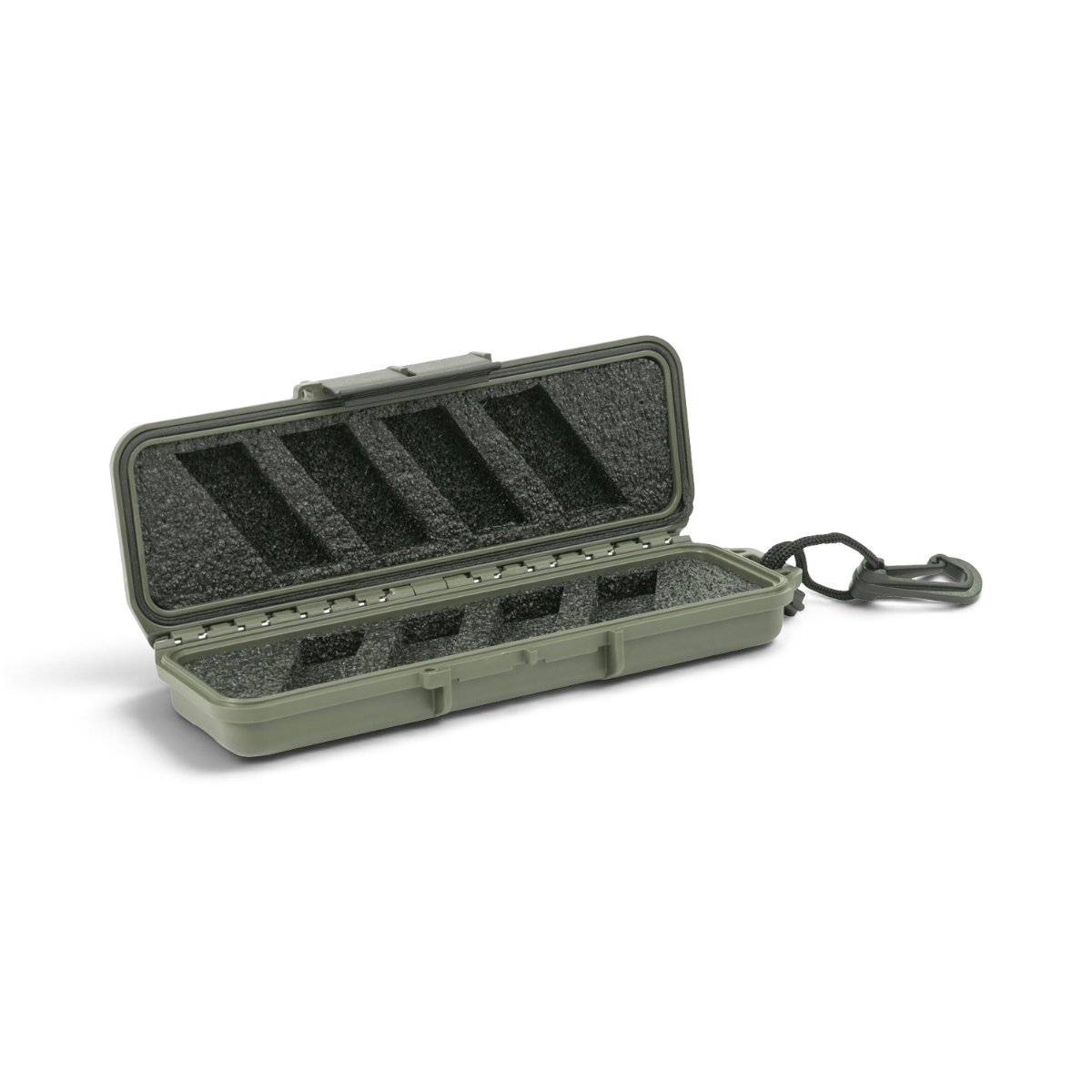 SKB Cases iSeries 0702-1 olive green waterproof broadhead case with interior foam inserts and a black carabiner.