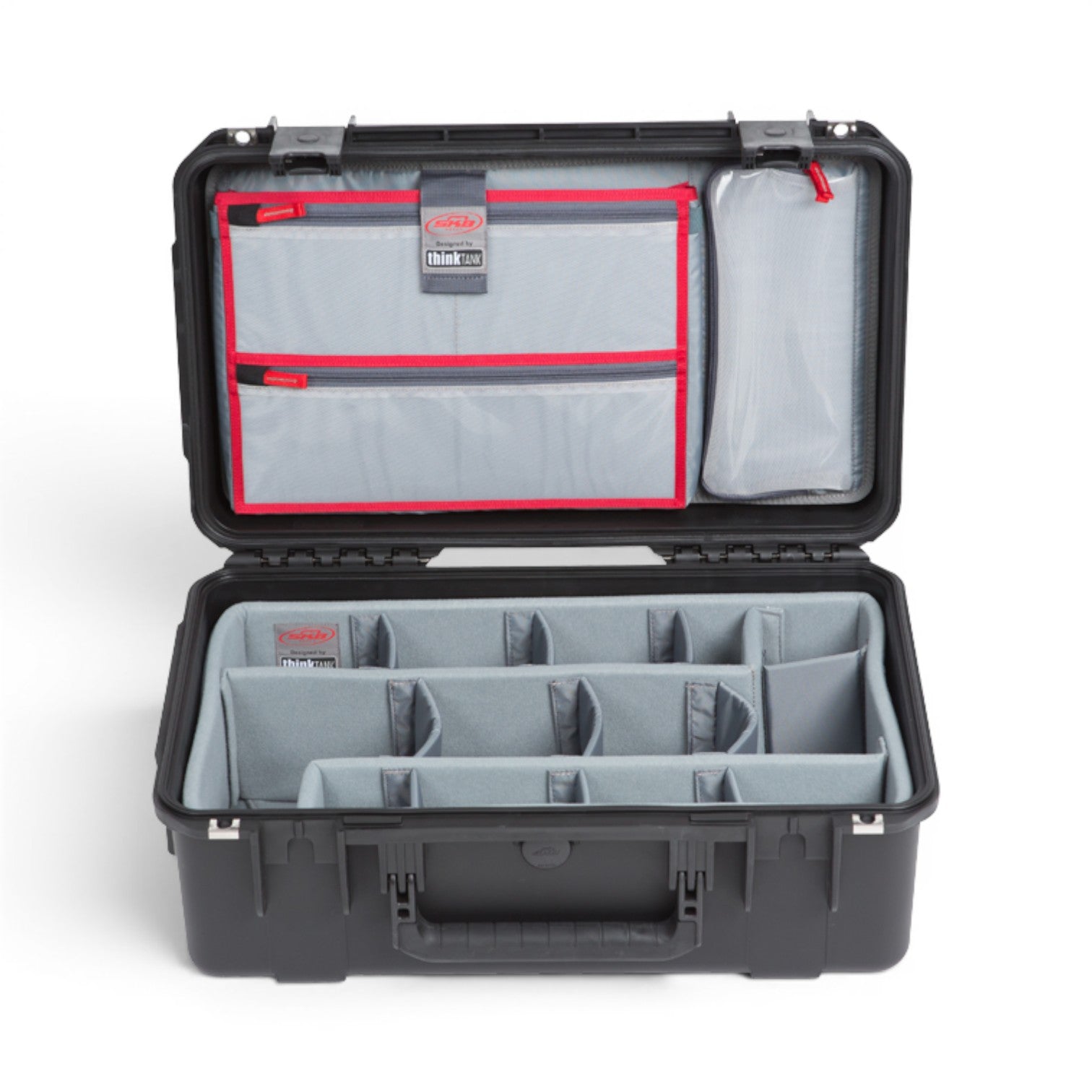 SKB Cases iSeries 2011-8 waterproof carry-on case with grey padded dividers and red-trimmed internal organizer lid