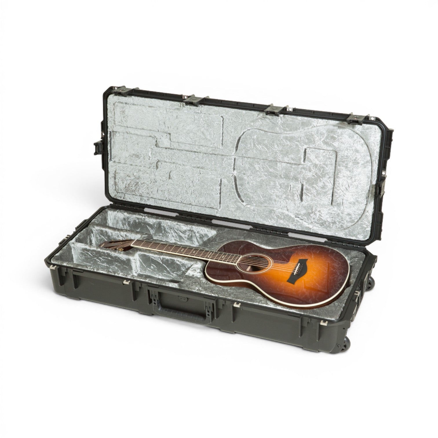 SKB Cases iSeries waterproof injection molded guitar case with platinum plush interior holding a classical guitar