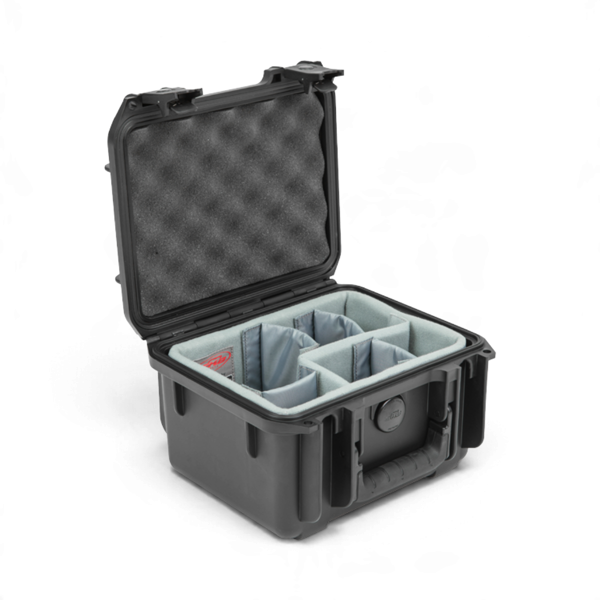 SKB Cases iSeries 0907-6 waterproof equipment case with grey padded dividers and open lid on white background