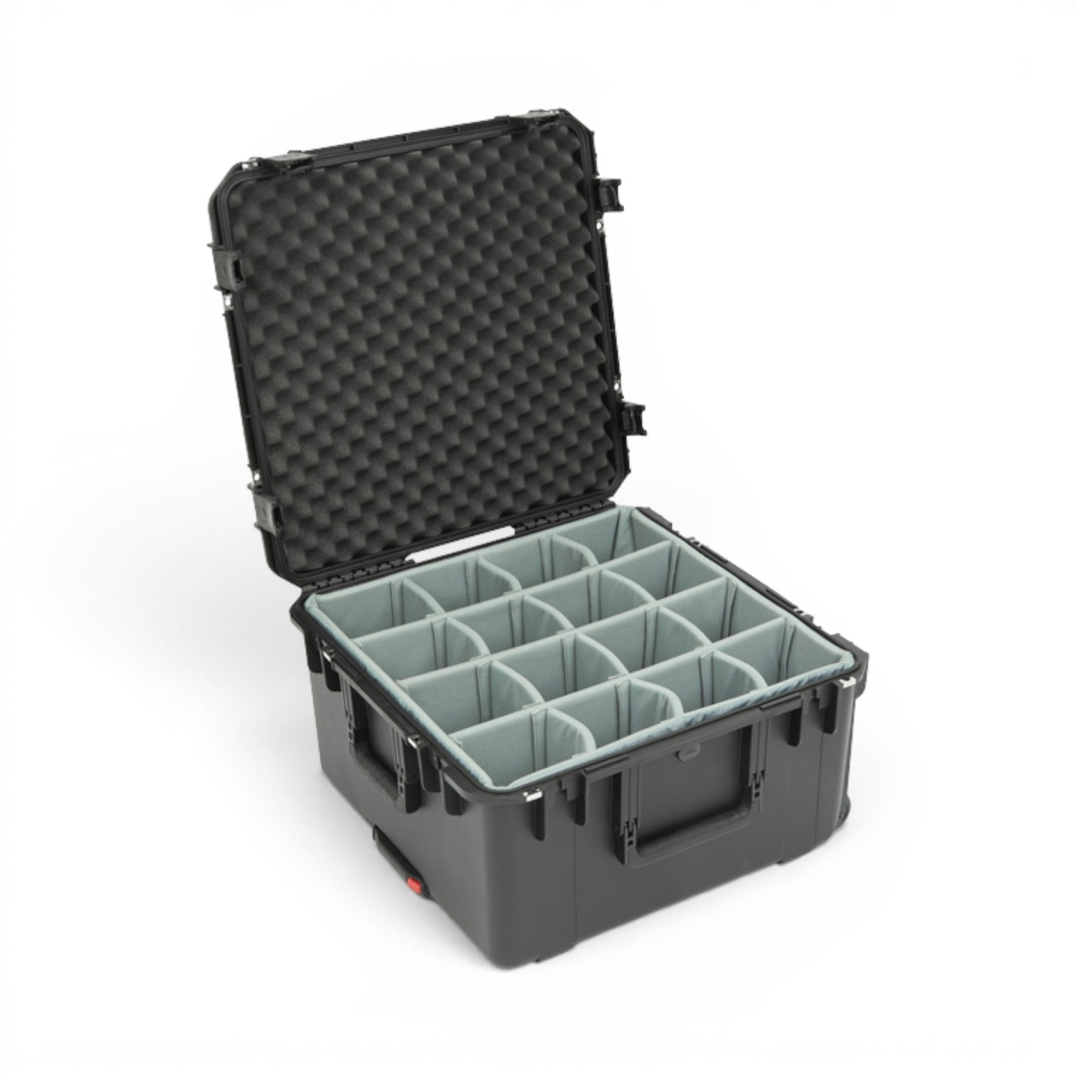 SKB Cases iSeries 2222-12 waterproof equipment case with open lid, foam lining, and adjustable grey padded dividers.