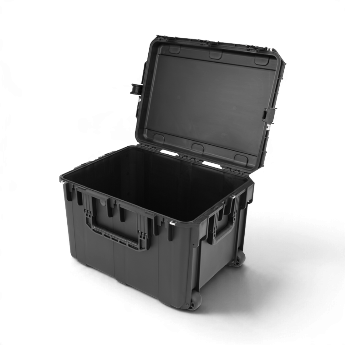SKB Cases iSeries 2418-16 black waterproof injection molded equipment case with lid open and wheels
