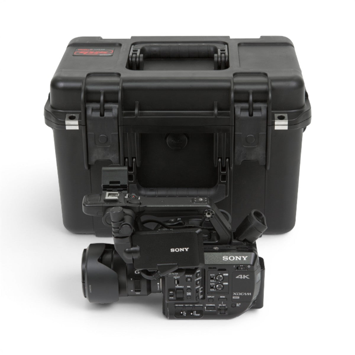 SKB Cases iSeries 1610-10 black waterproof polypropylene equipment case with a professional Sony 4K video camera