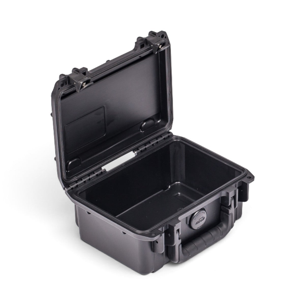 SKB Cases iSeries 0705-3 waterproof black polypropylene equipment case with open lid and trigger latch system.