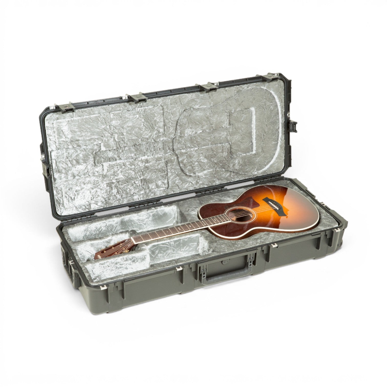 SKB Cases iSeries waterproof injection molded guitar case with platinum plush interior holding a classical guitar