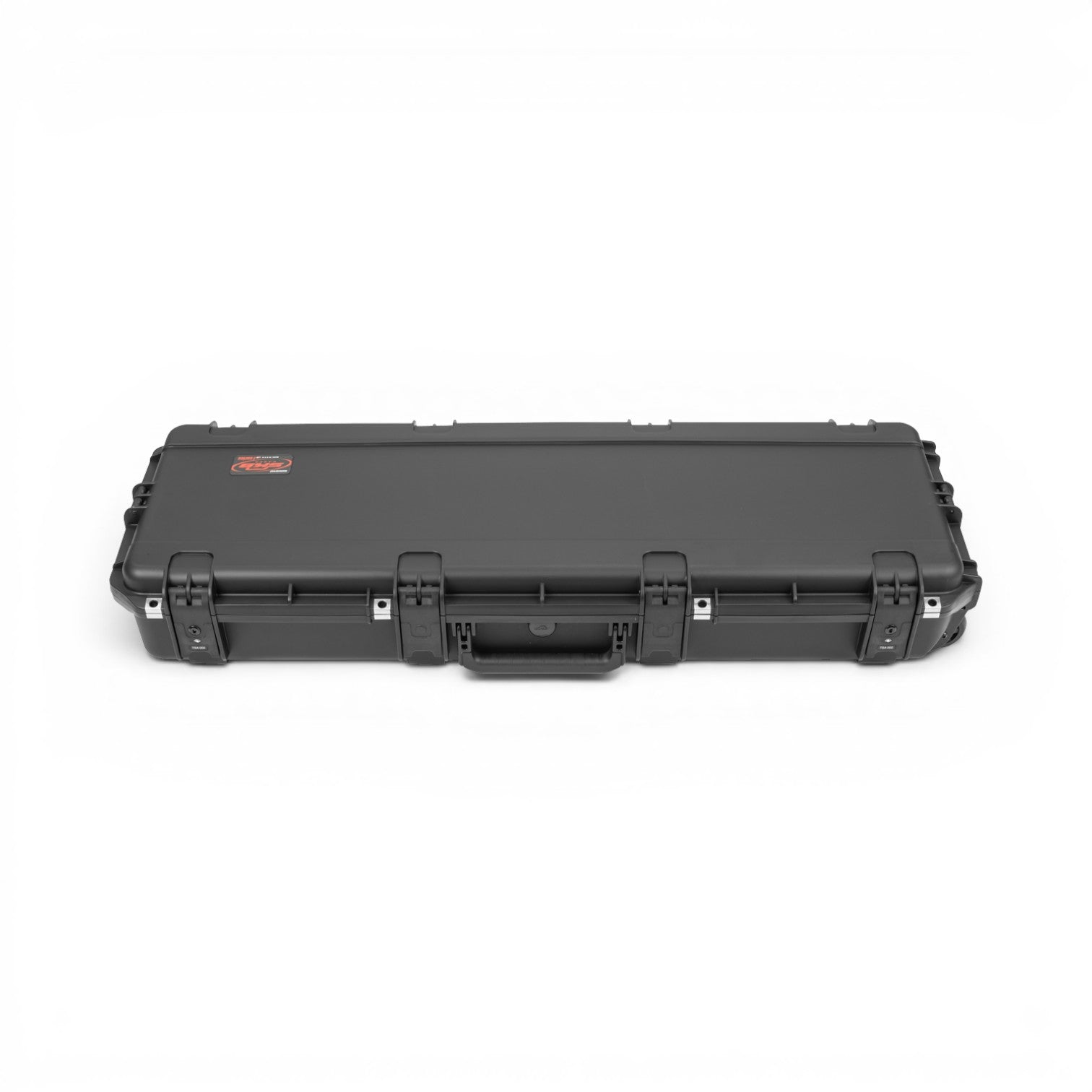 SKB Cases iSeries waterproof guitar flight case in black with secure locking latches and durable hardshell exterior.
