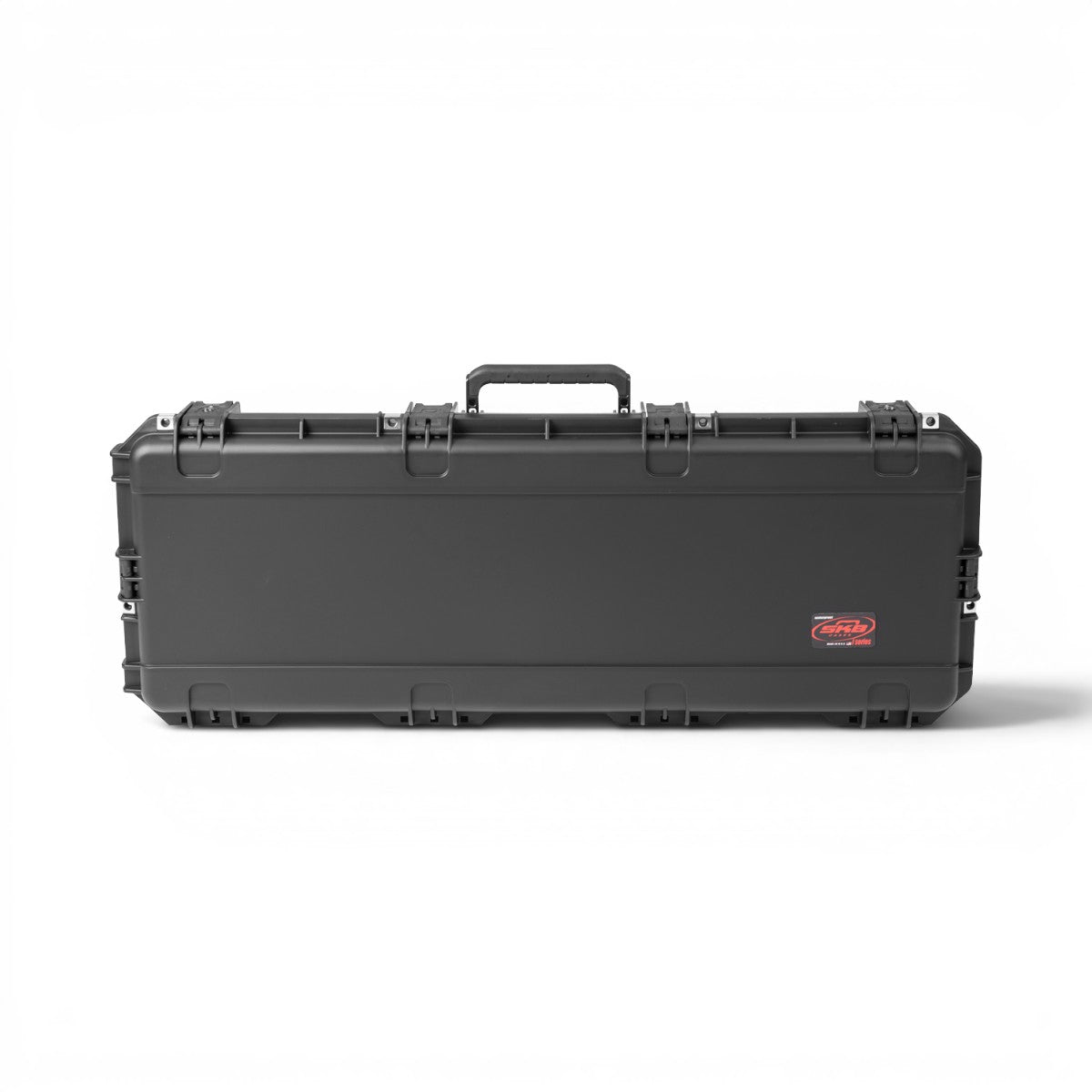 SKB Cases iSeries waterproof electric guitar flight case in black with heavy-duty latches and a top carry handle.
