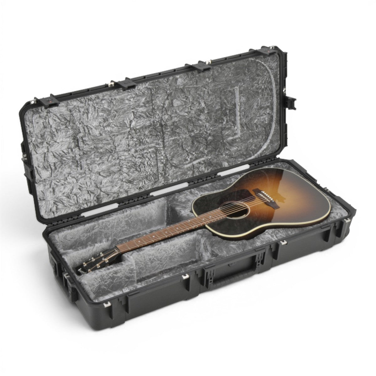 SKB Cases iSeries waterproof dreadnought guitar case with platinum plush interior and acoustic guitar inside