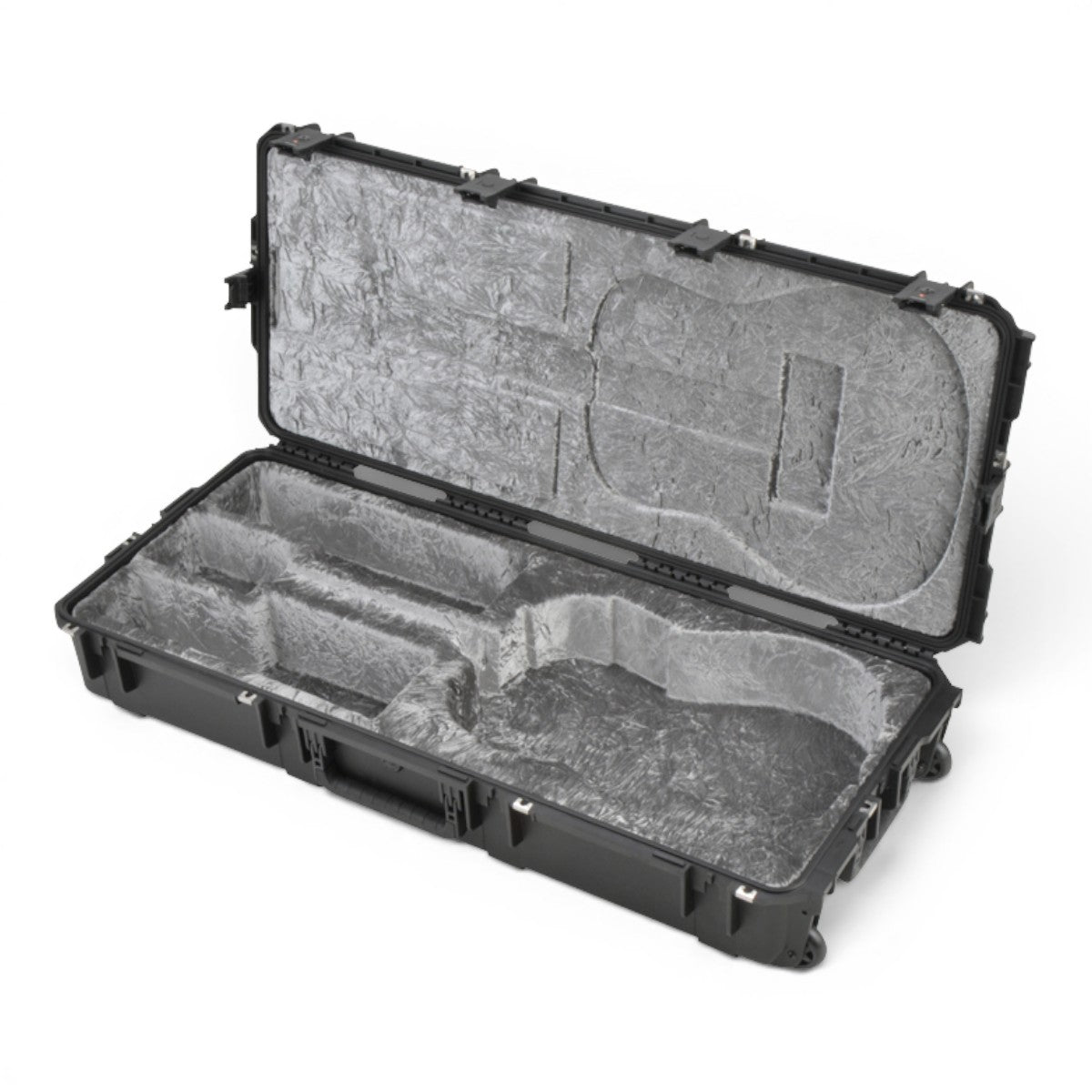 SKB Cases iSeries waterproof dreadnought guitar case with open lid and platinum plush interior lining