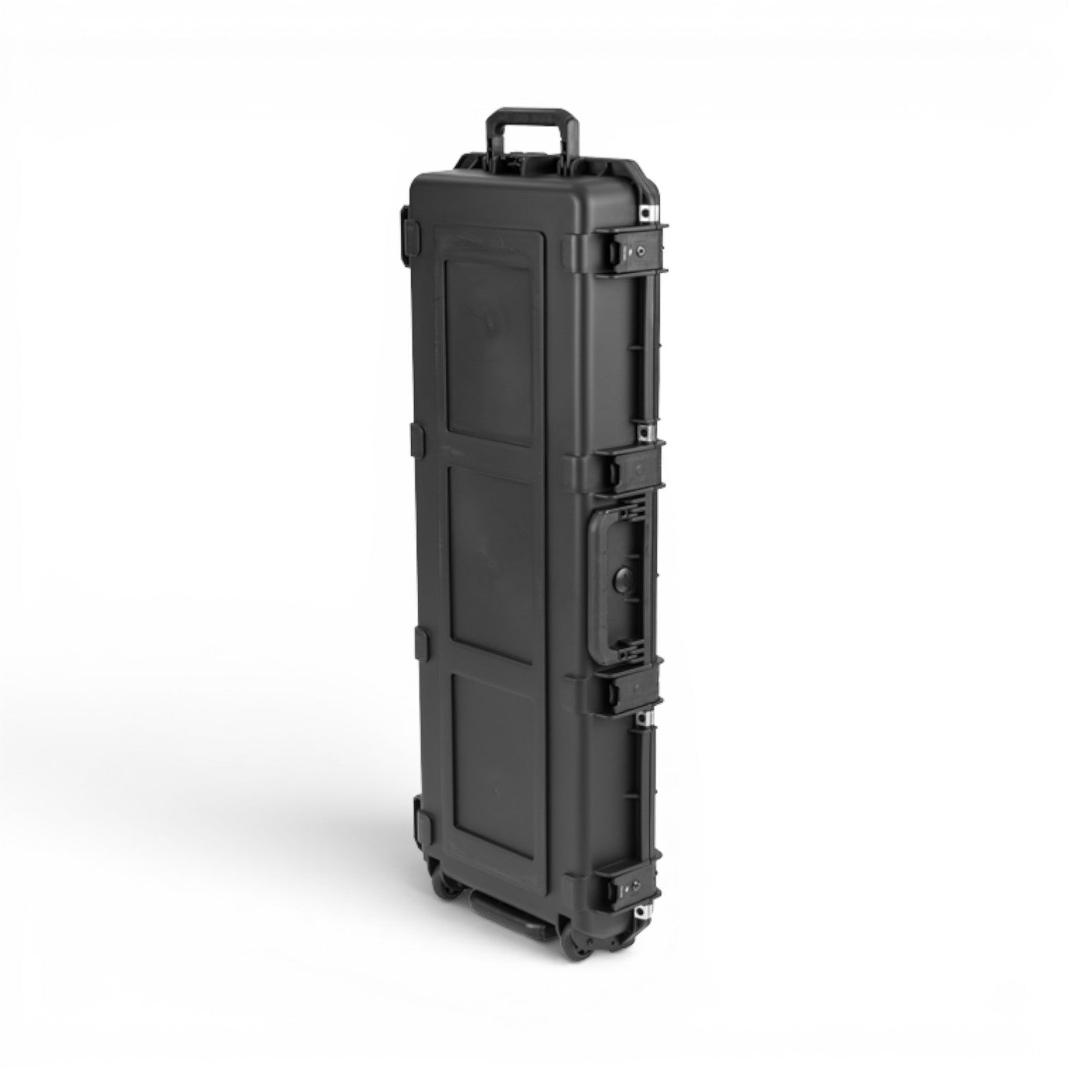 SKB Cases iSeries waterproof black injection molded flight case for PRS guitars with heavy-duty latches and wheels.