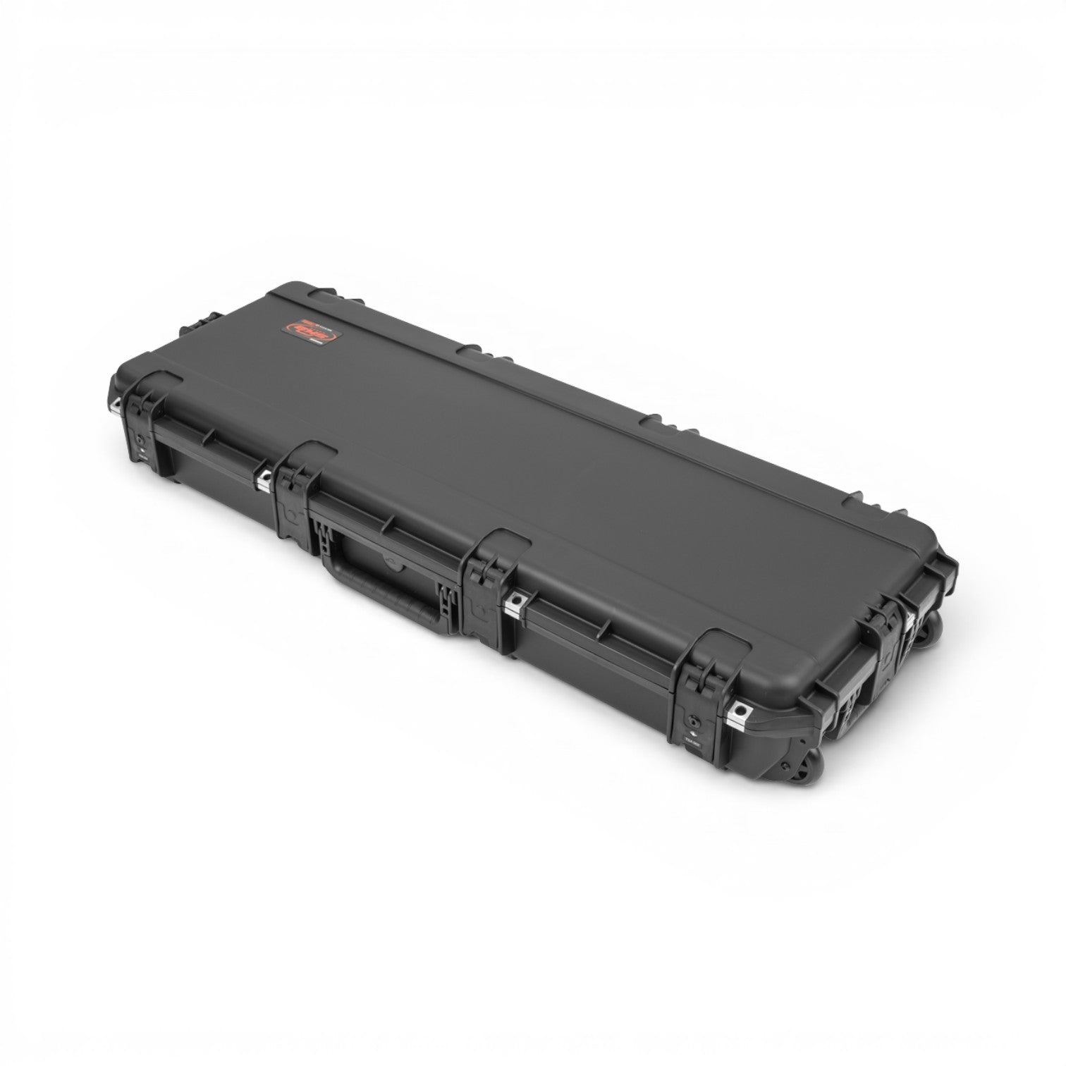 SKB Cases iSeries waterproof guitar flight case in black with heavy-duty trigger latches and a durable handle.